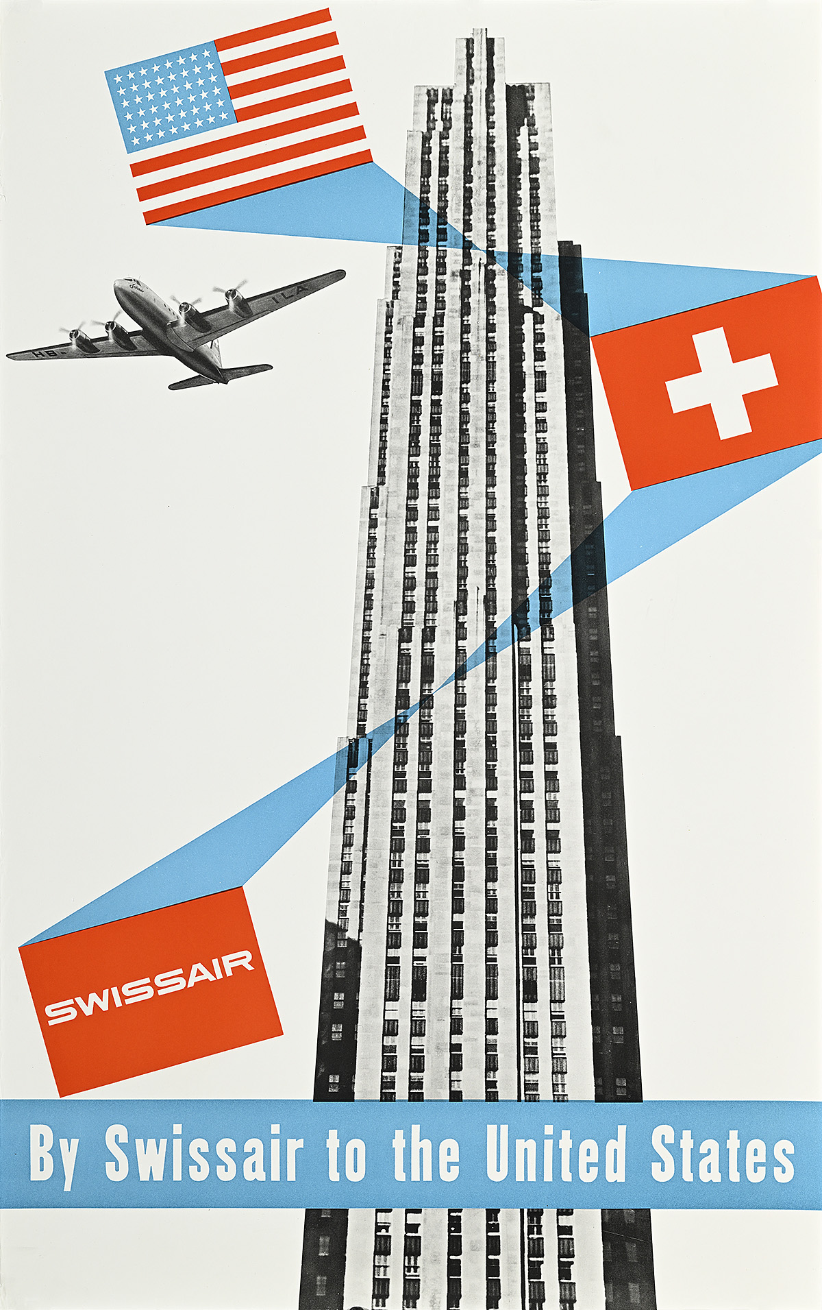 A poster of an airplane flying by a skyscraper, the American and Swiss flags, and the Swissair logo.