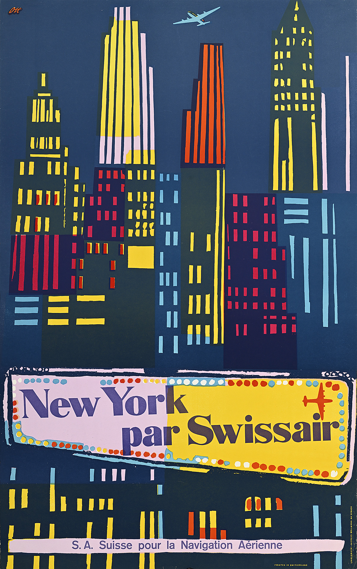 A poster of an airplane flying above the New York skyline lit up in vibrant colors.