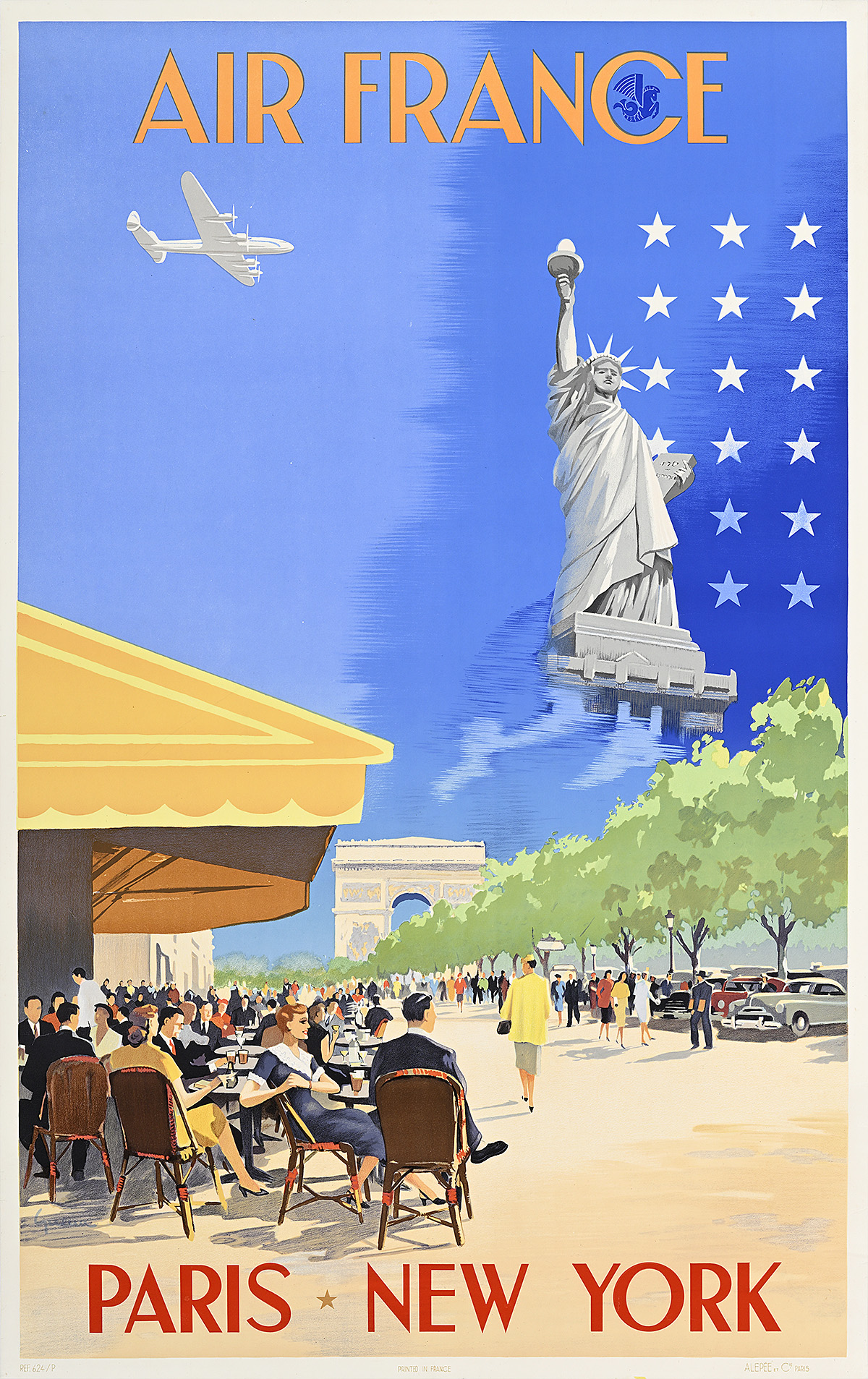 A poster of Parisian cafe dwellers looking up at a plane flying towards the Statue of Liberty.