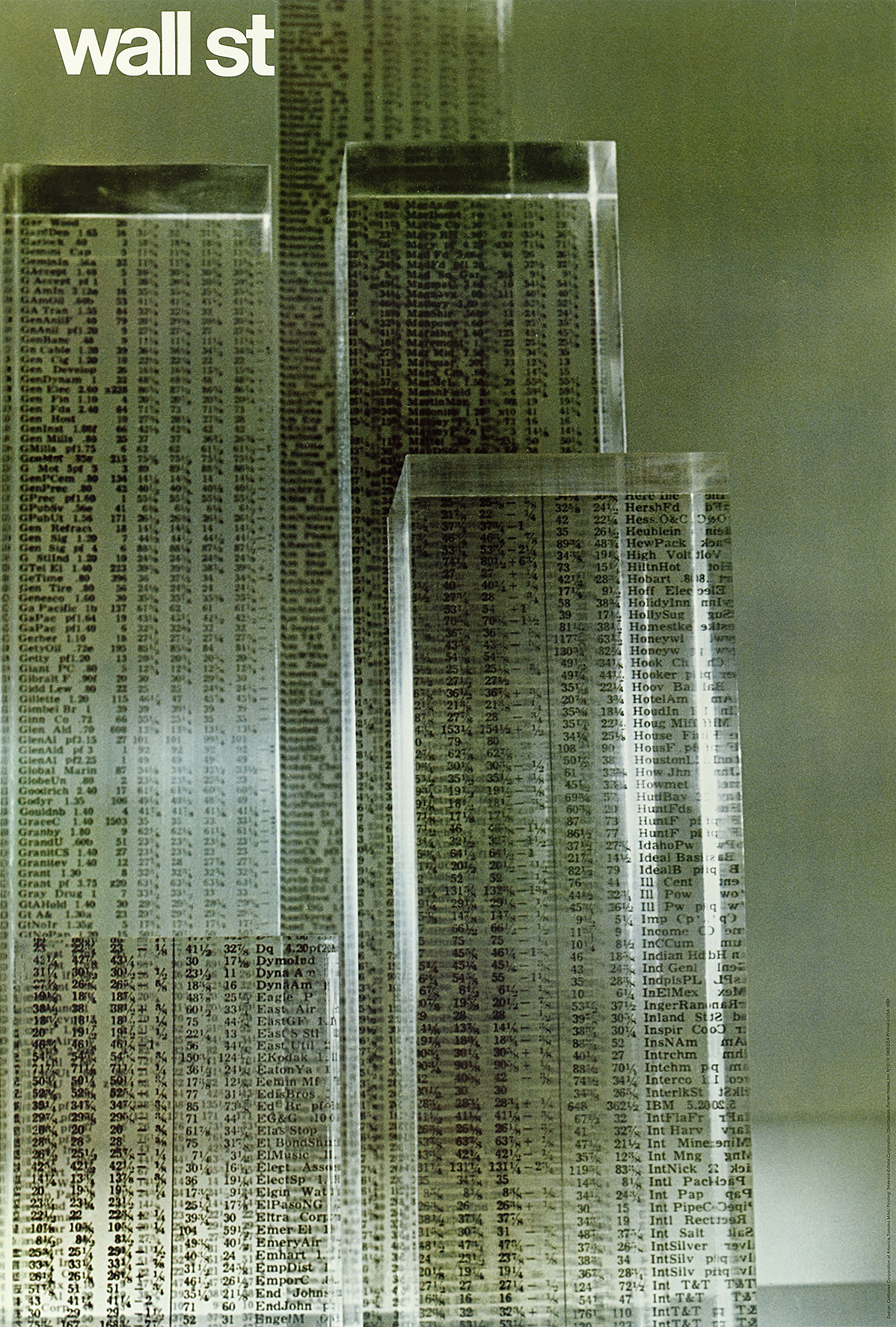 A poster of glassy skyscrapers with rows of printed stock-price listings, creating windows.