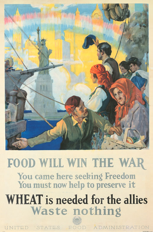 A poster of immigrants waving at the Statue of Liberty in front of a rainbow, next to a ship.