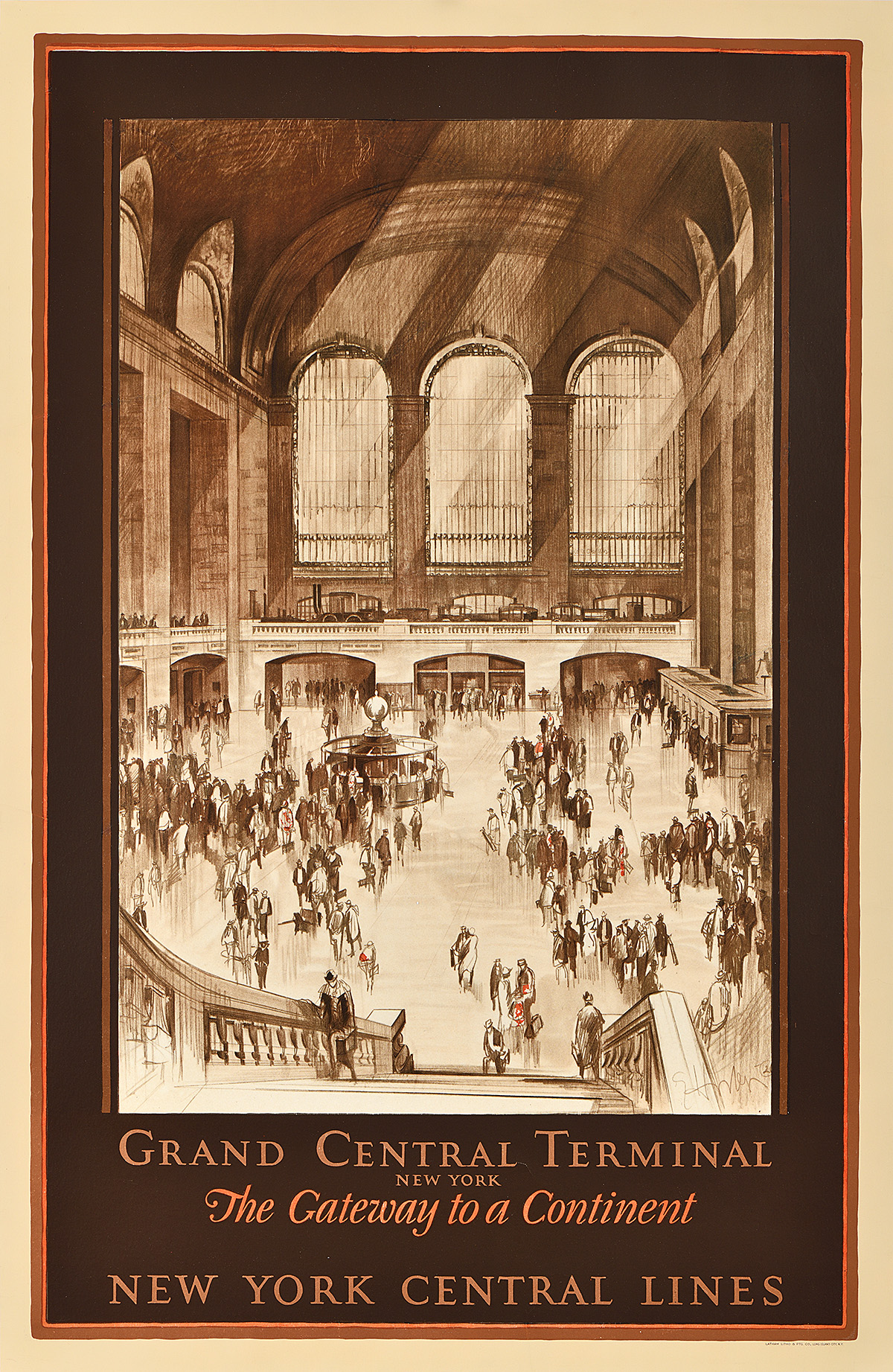 A sepia-toned poster of Grand Central Station: a large open area with arched windows and entryways.