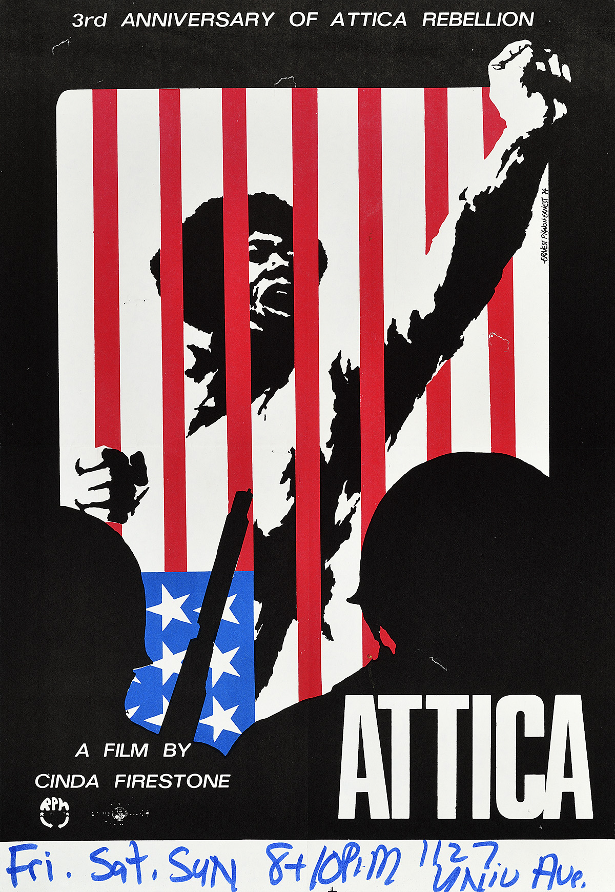 A poster of a Black man with his fist through prison bars made out of an Amerian flag with police watching.