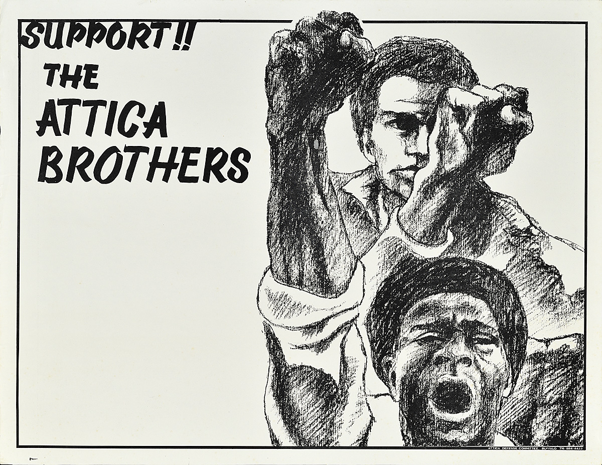 An illustration-style poster of 2 Black men with their fists in the air: 1 stoic, 1 chanting.