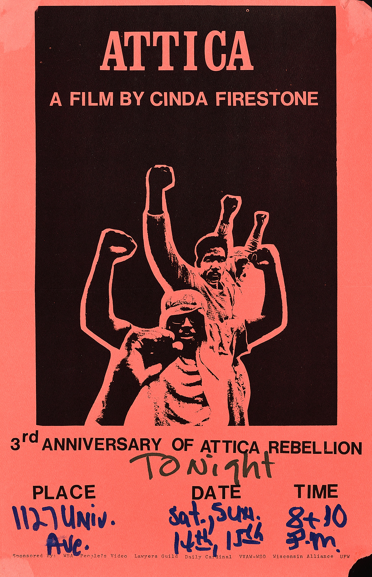 A salmon and black poster of 4 Black men with their fists in the air above film information text.
