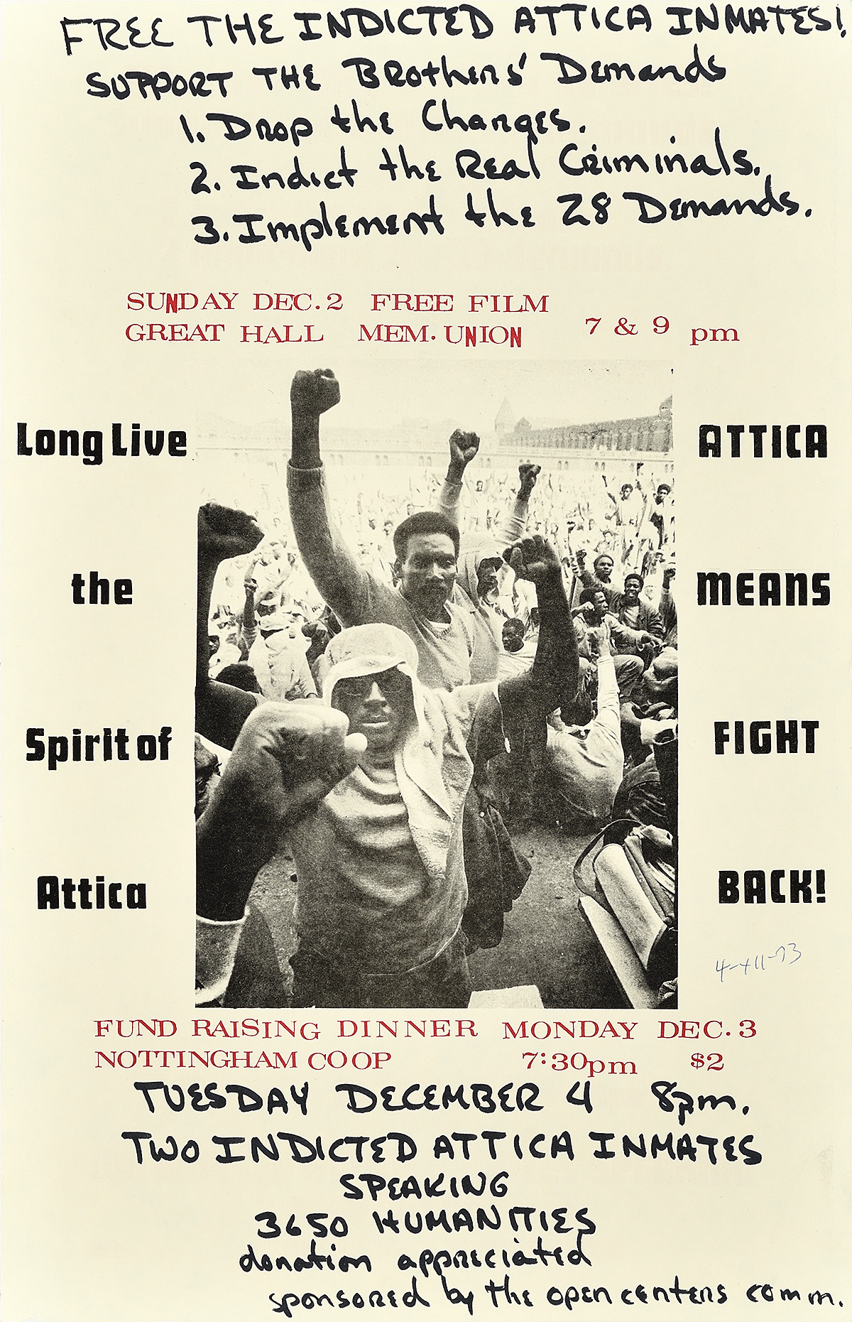 A poster of incarcerated men with their fists in the air next to information about events supporting Attica.
