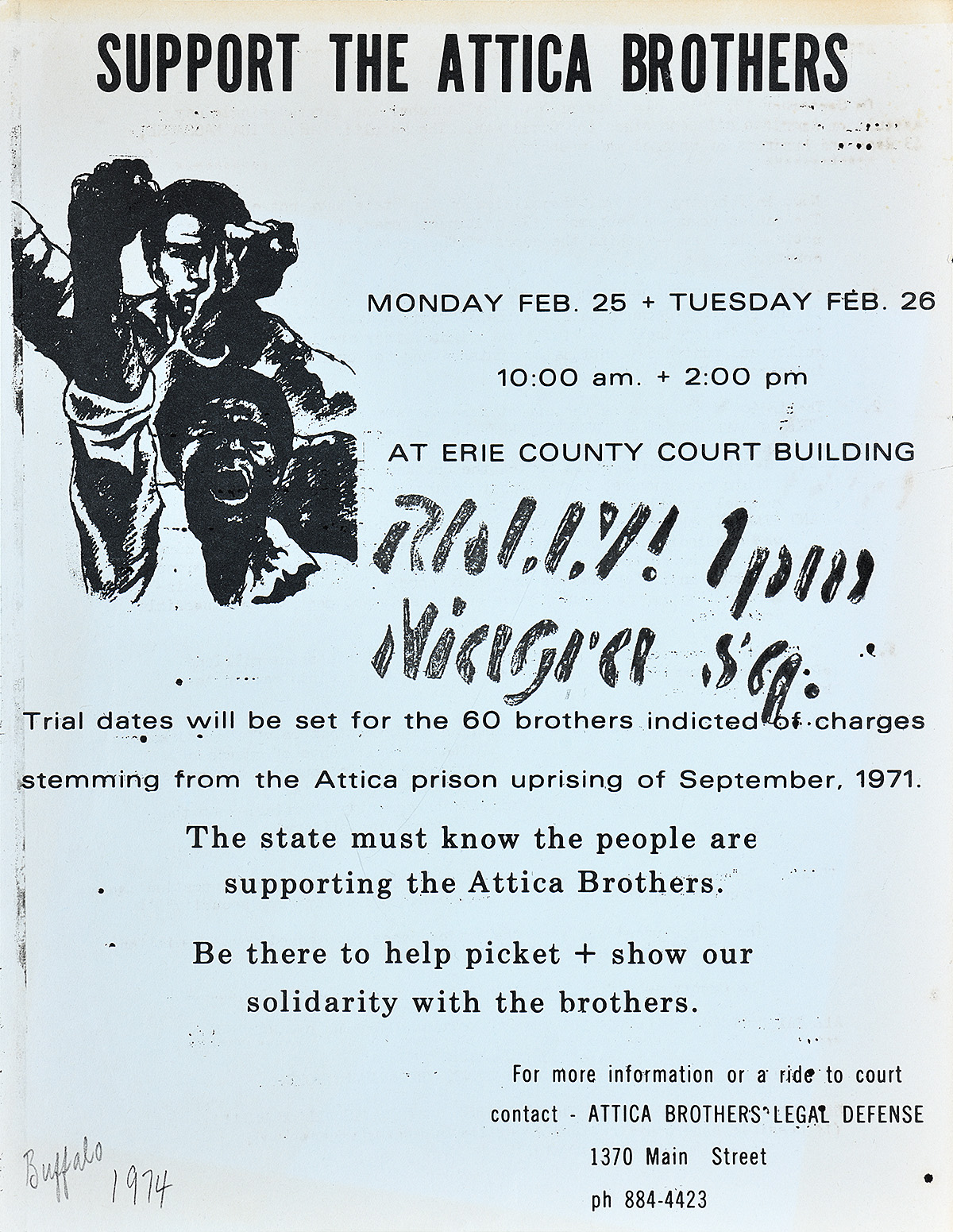 A handbill of rally information next to an illustrational image of 2 Black men with their fists in the air.