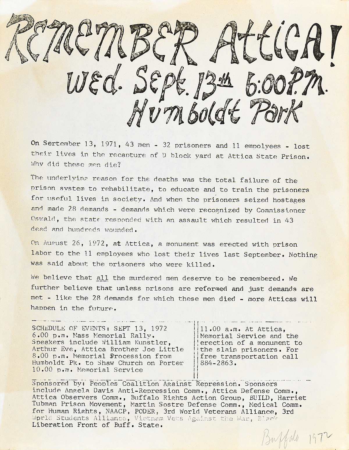 A handbill with text stating 'Remember Attica' urging people to attend a memorial in Humboldt Park.