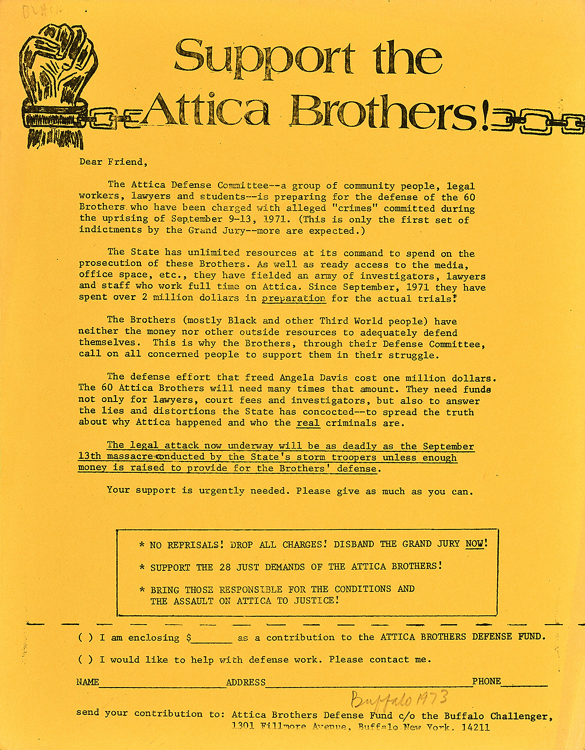 A yellow handbill supporting the Attica Brothers with the tile surrounded by a fist with a broken chain.