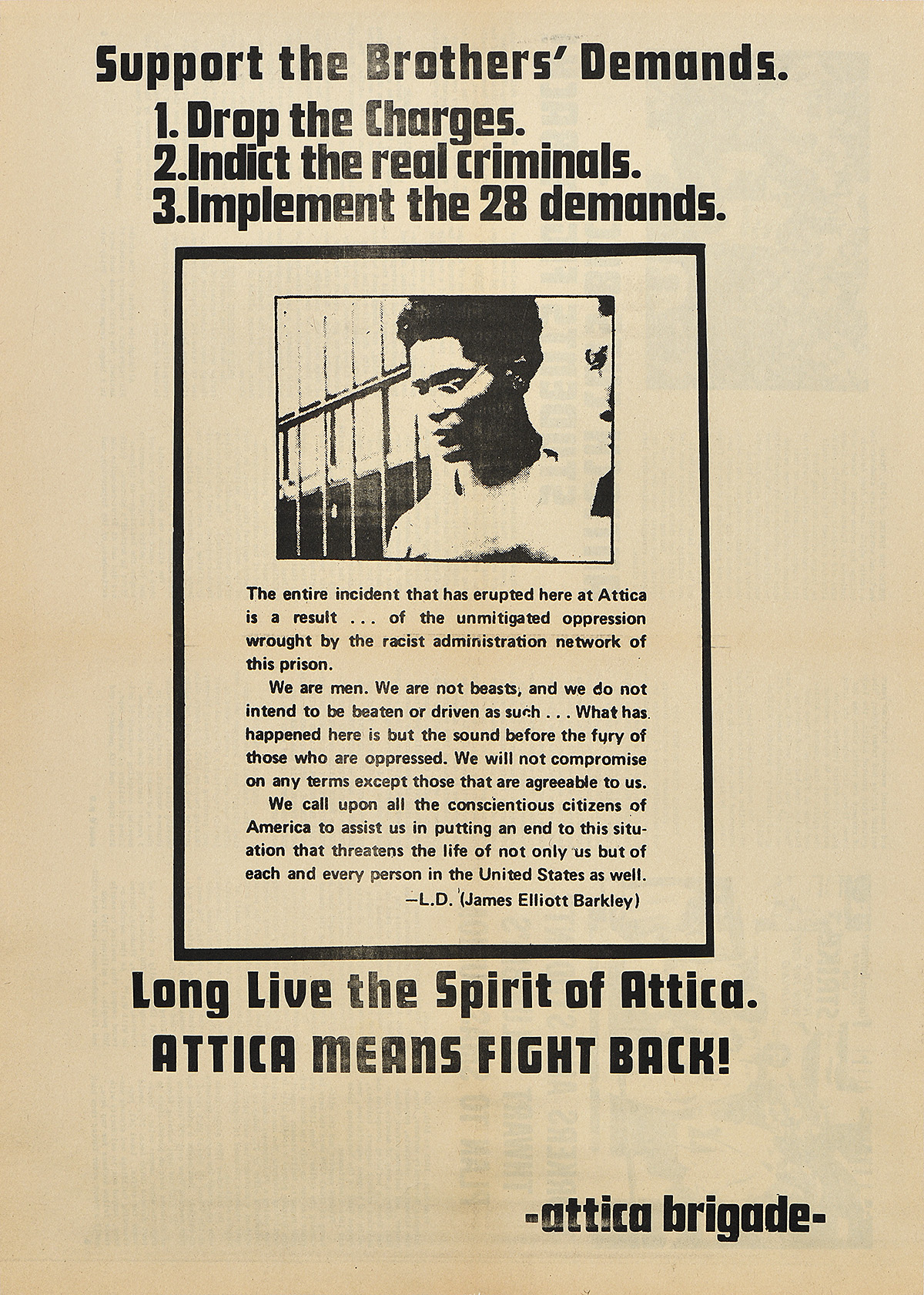 A poster of a Black man with glasses looking down, surrounded by text supporting the Brothers' demands.