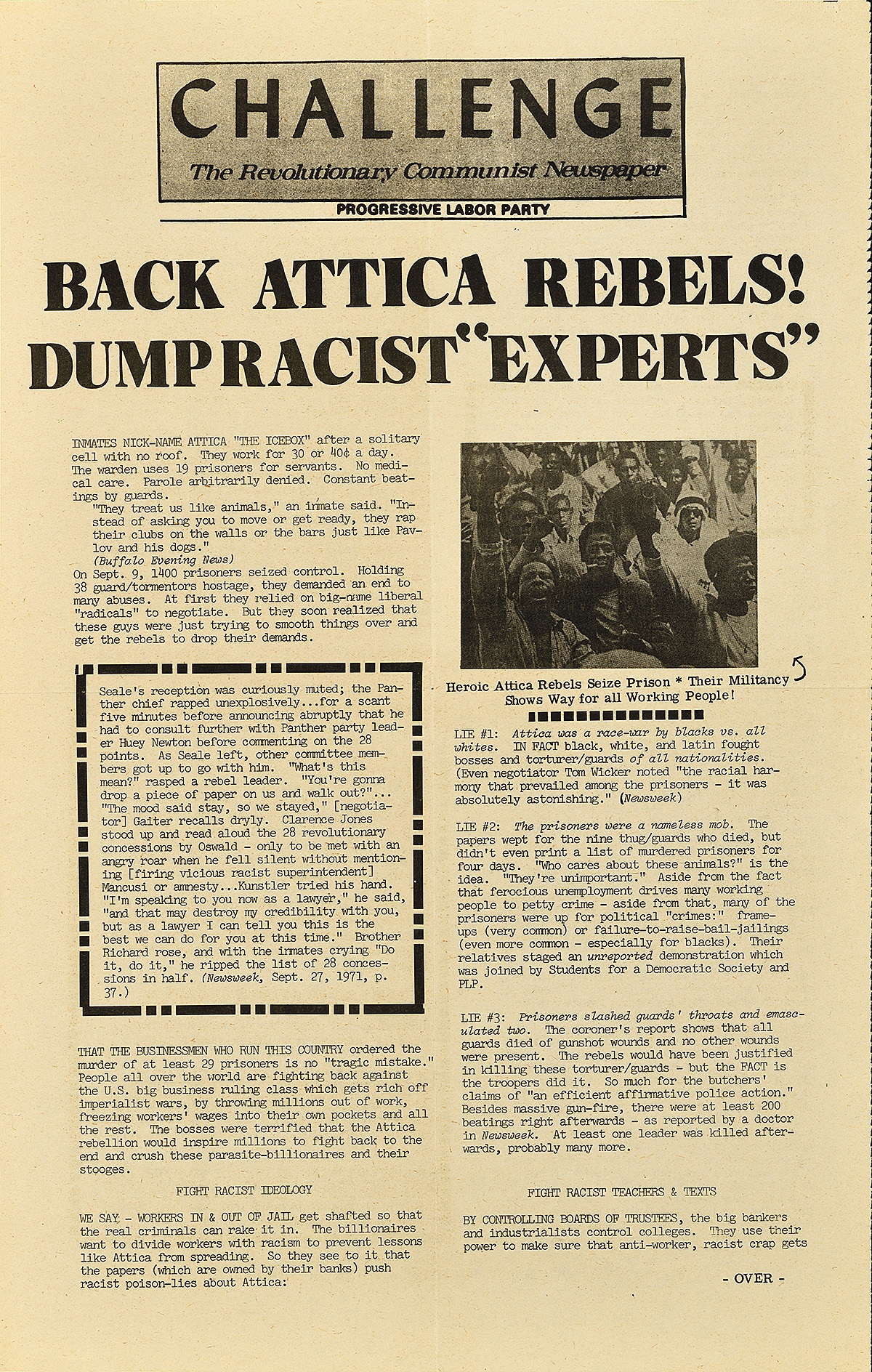 A newspaper article debunking Attica uprising lies with an image of a crowd of Black protesters.