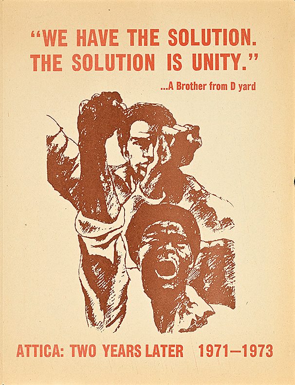 A brochure of 2 Black men, stoic and chanting, with their fists in the air surrounded by a unity quote.