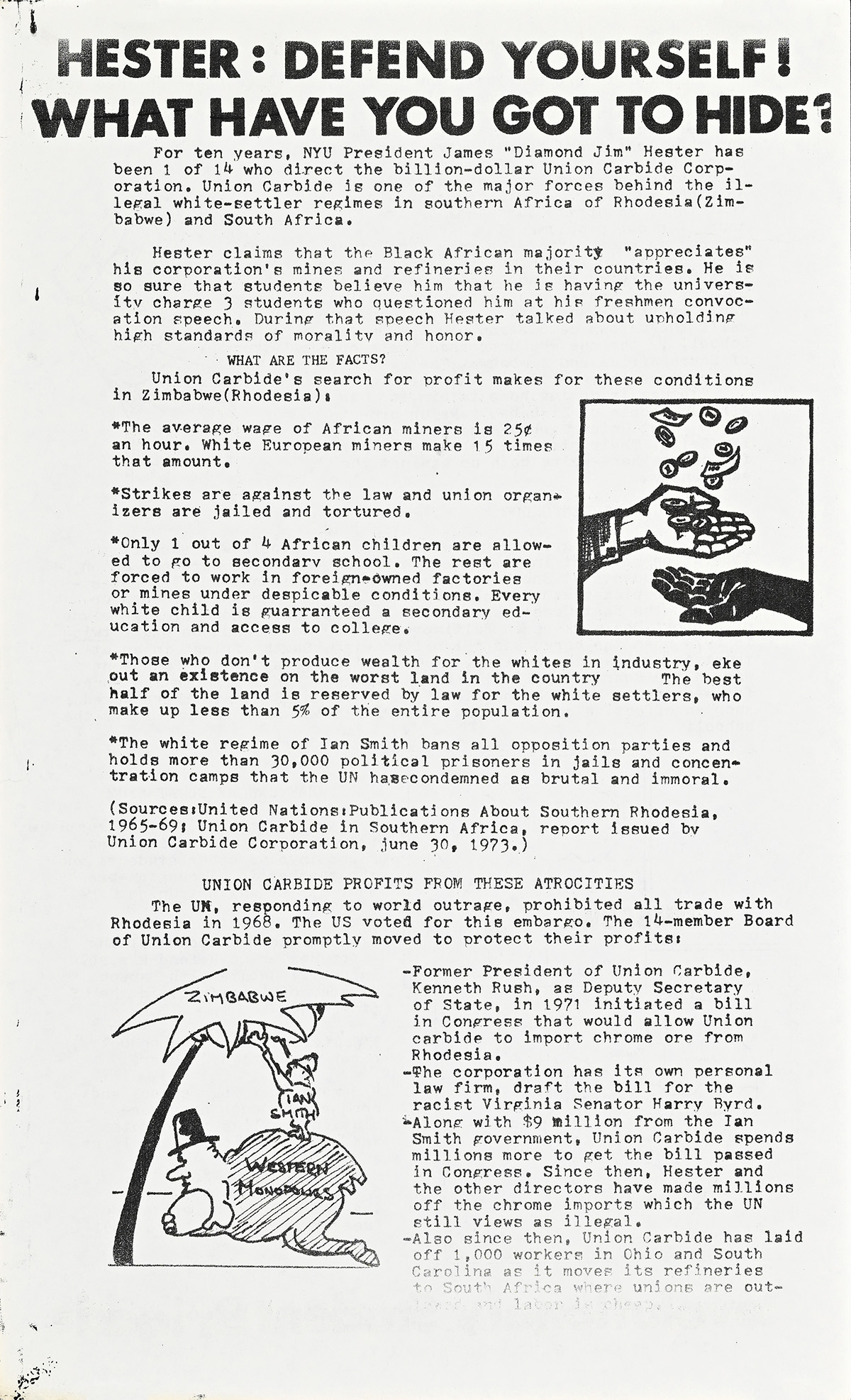 A broadside with text and 2 images of a white person taking money from a Black man and food from a Zimbabwe tree.