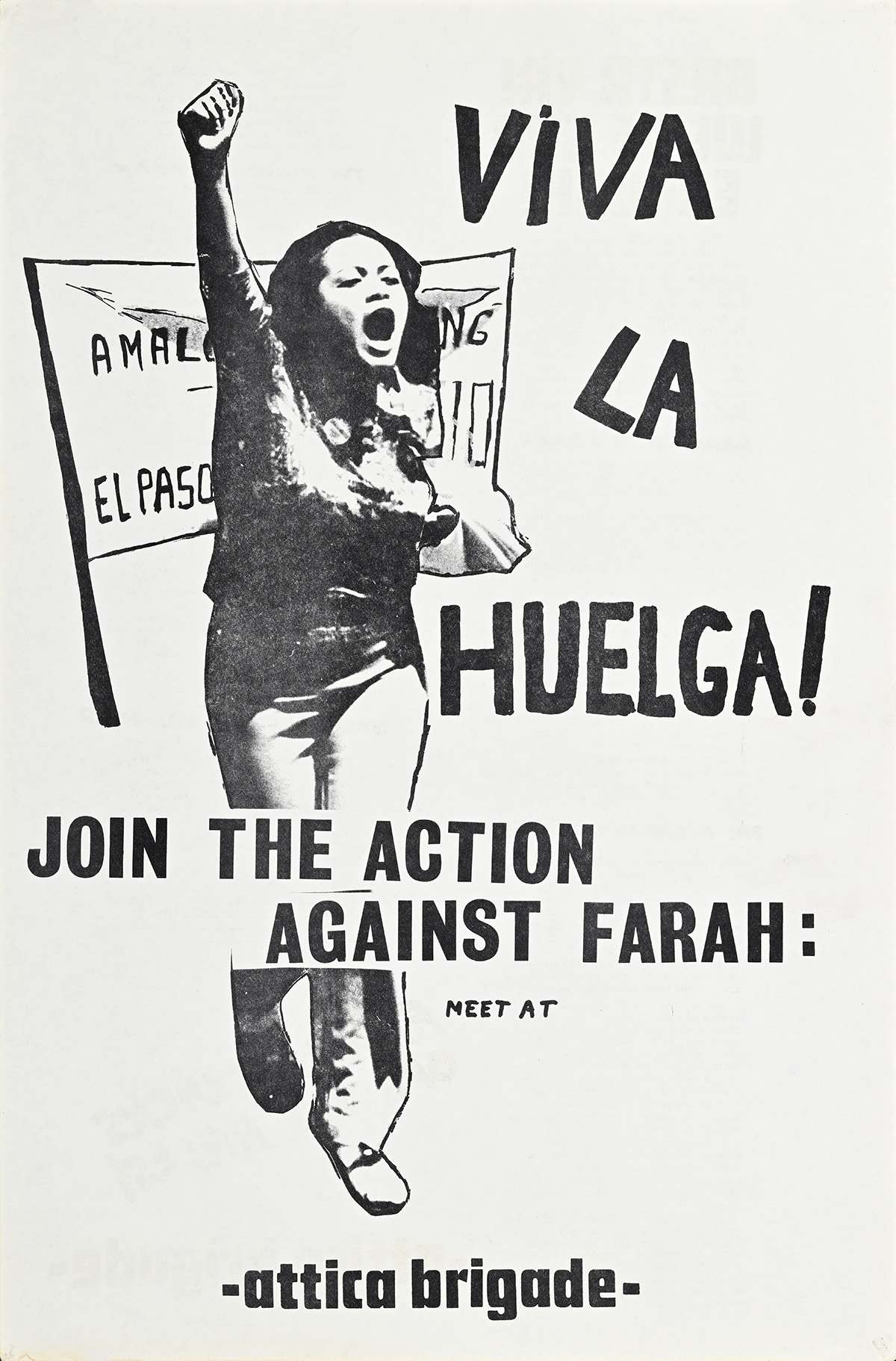A poster of a woman with her fist in the air in front of a protest poster & next to text 'viva la huelga!'