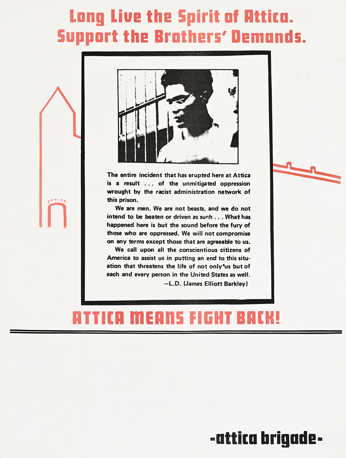 A poster of a Black man with glasses, next to Spirit of Attica text, in front of the Correctional Facility.