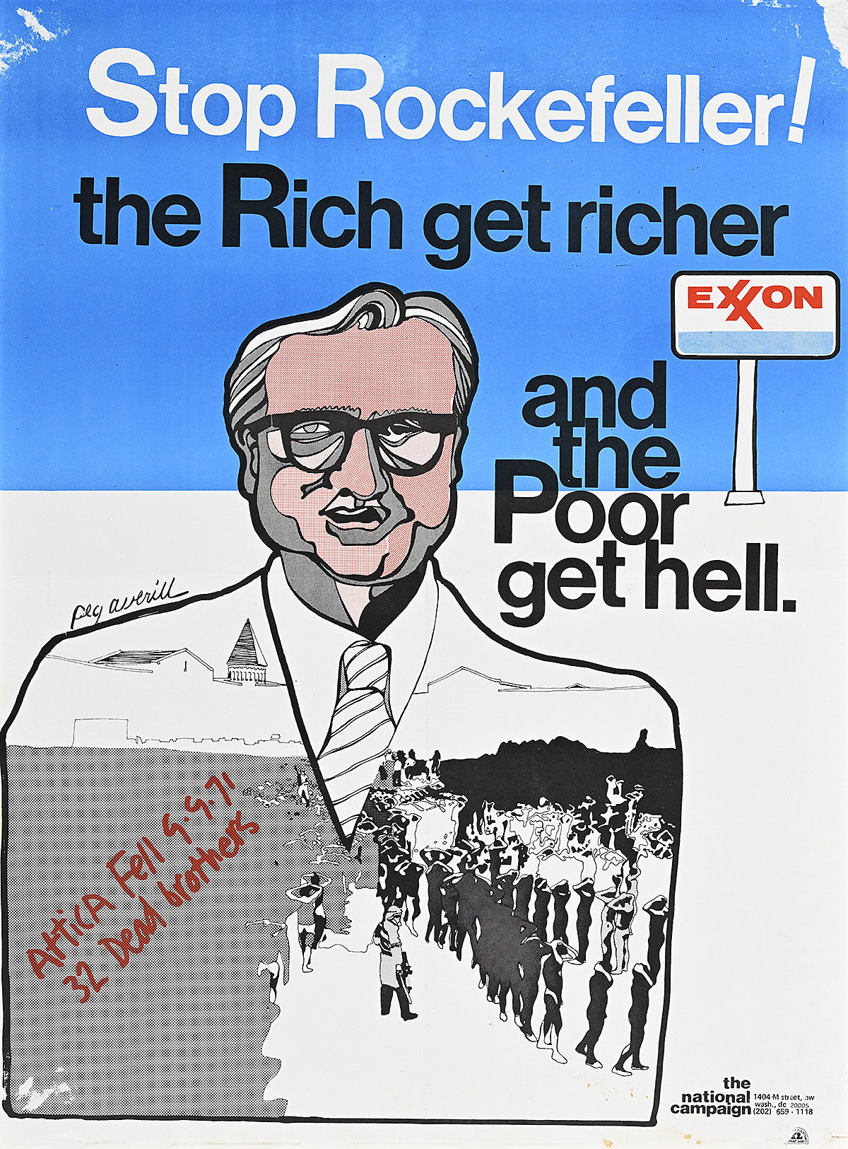 A poster of a white man in front of an Exxon sign wearing a white suit with an uprising scene on it.