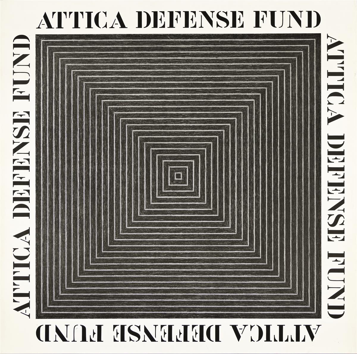 A poster of a black and white square made up of smaller squares surrounded by text, 'Attica Defense Fund.'