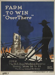 An advertisement of a shadow of a working boy in front of decrepit buildings.