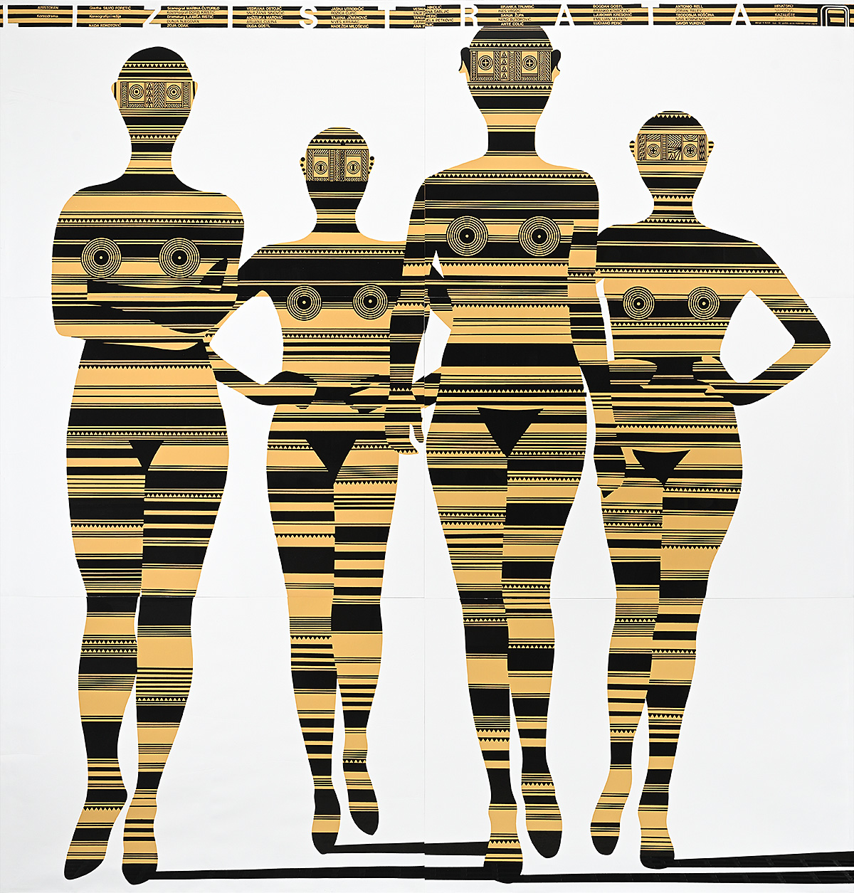 A poster of 4 nude women in defiant poses, their bodies striped like ancient Greek pottery.