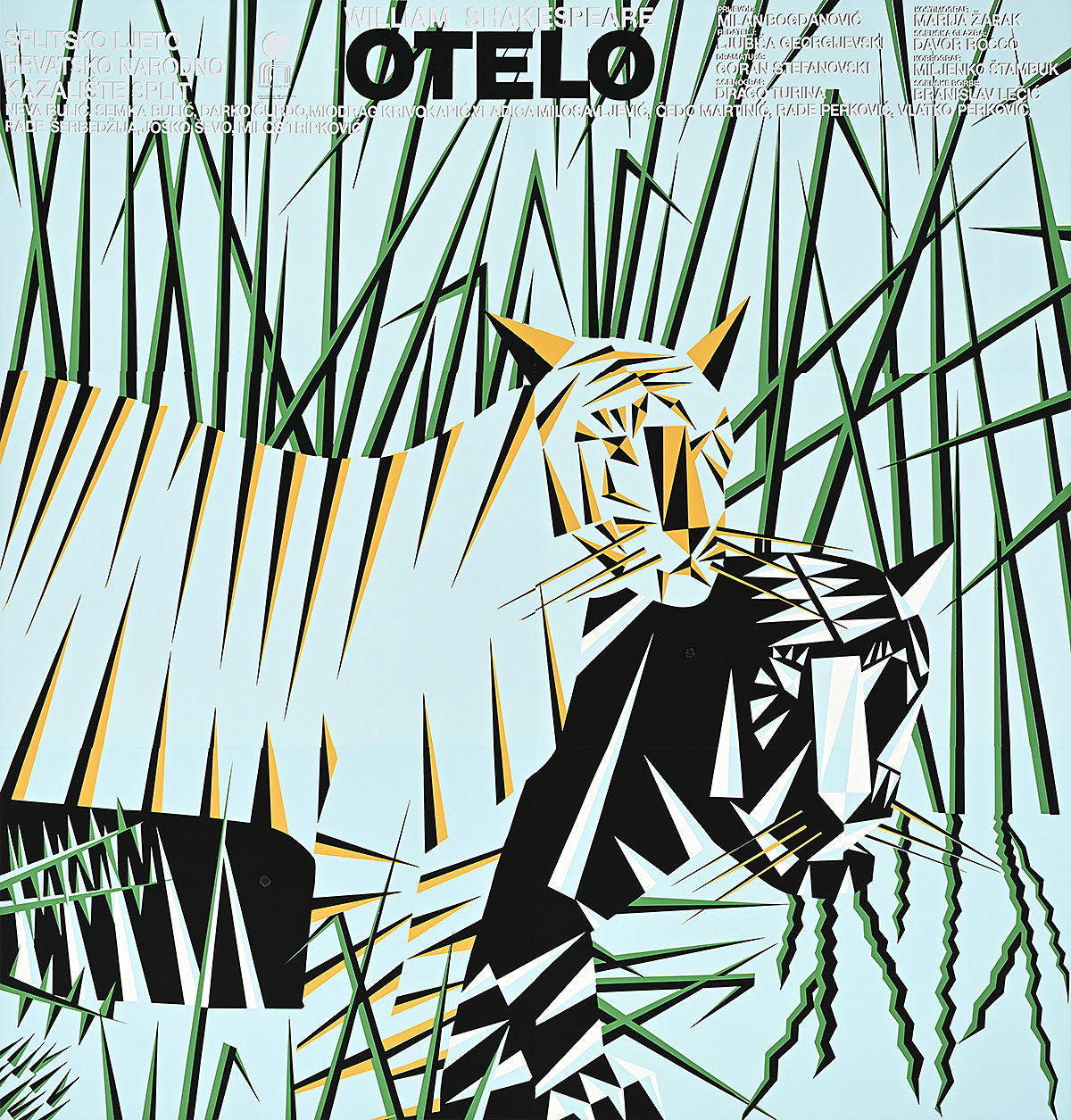 A poster with an orange and a black tiger in geometric form standing in tall grass on a blue ground.