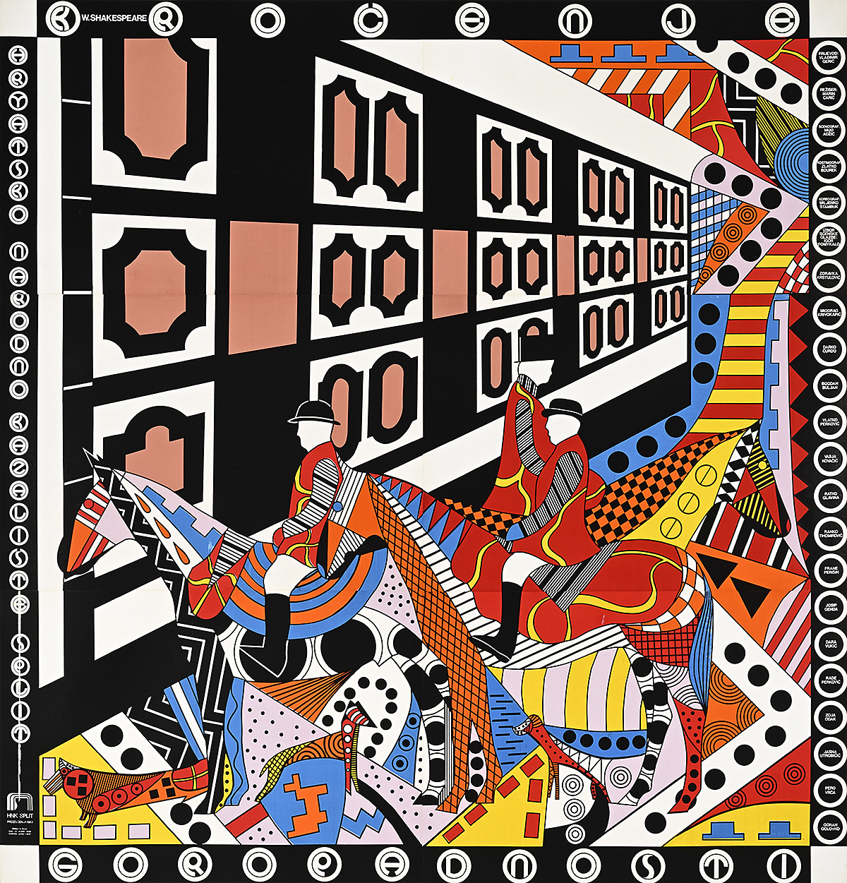 A colorful poster showing 3 stylized men with hats on horseback against a swirling patchwork background.