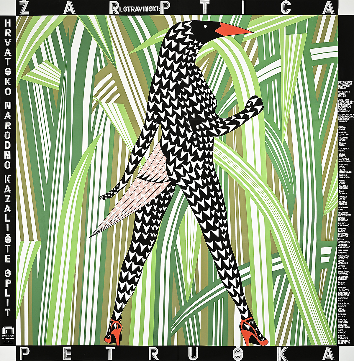 A poster of a speckled black bird striding on human legs in red heels past tall grasses.