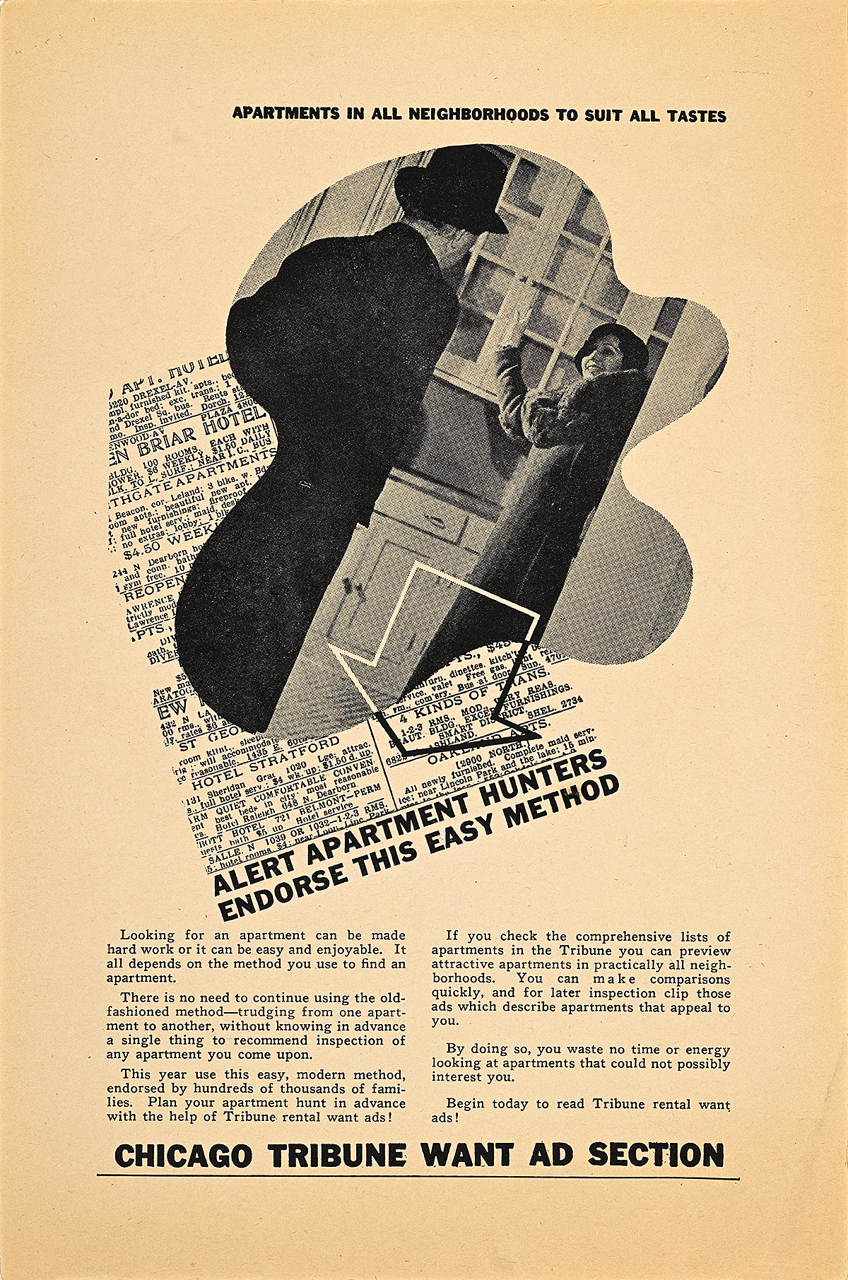 An newspaper advertisement of a man and woman looking at an apartment in an oblong shape, overlaying text.