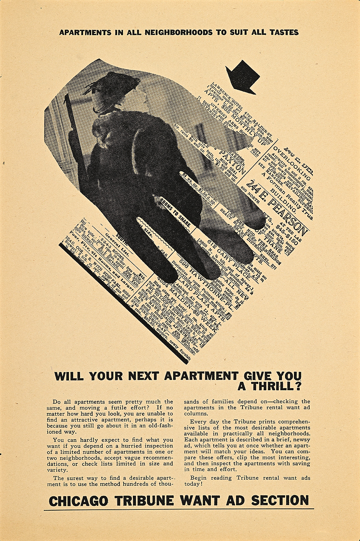 A housing advertisement of a hand with an image of a fancy woman on it, overlaying text.