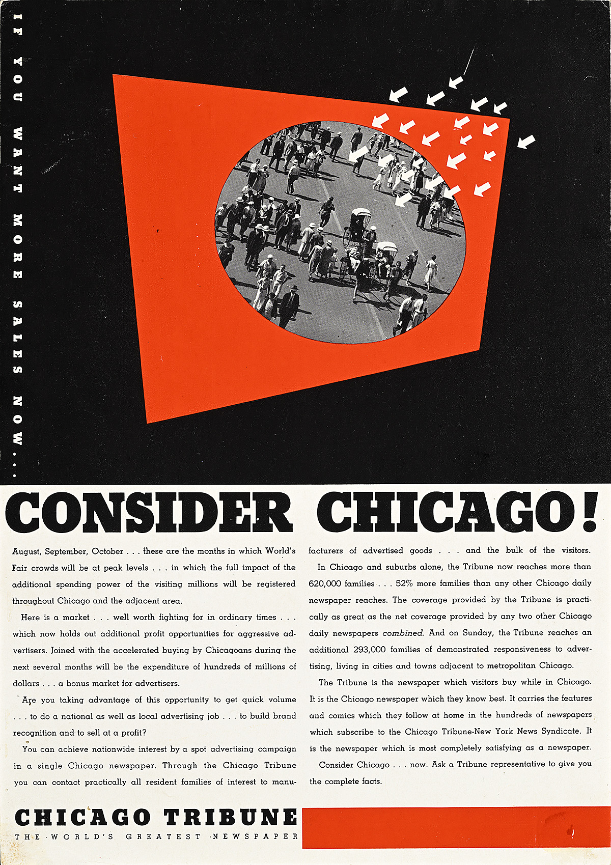 A newspaper advertisement of tourists in a circle over a red rectangular shape with arrows pointing at it.