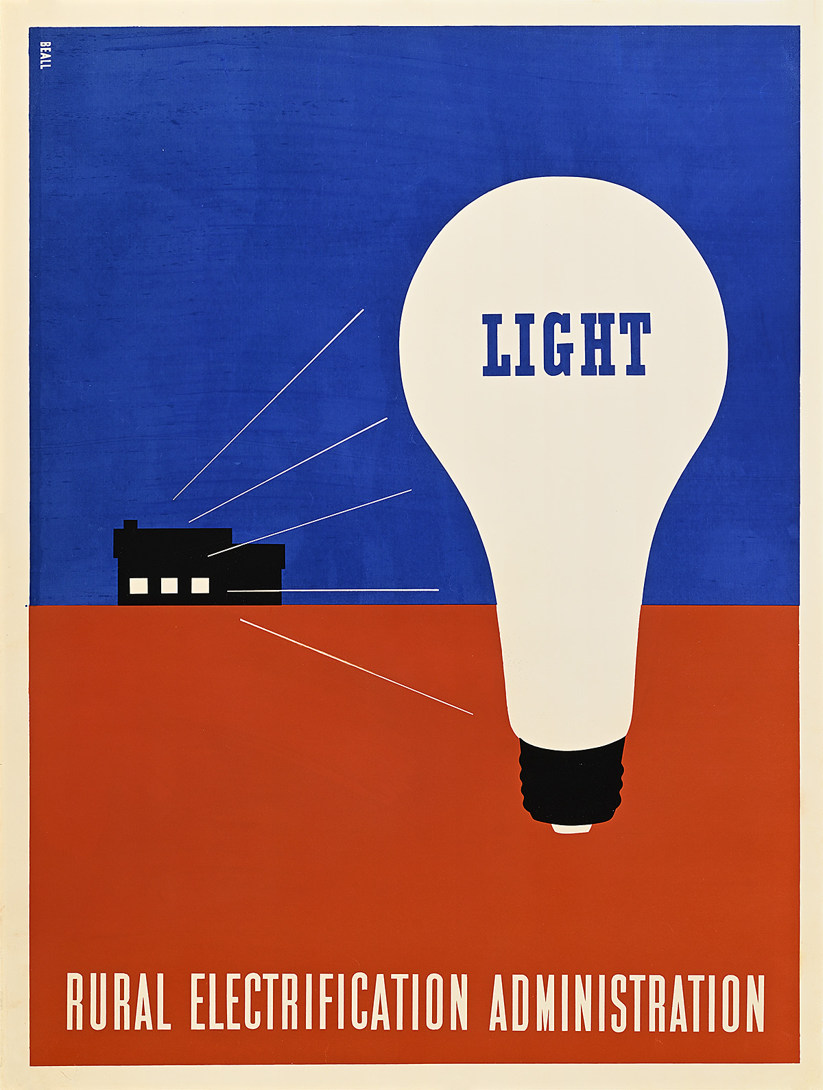 A poster of a light bulb on a red-and-blue ground with white lines emanating from the windows of a black house behind it.