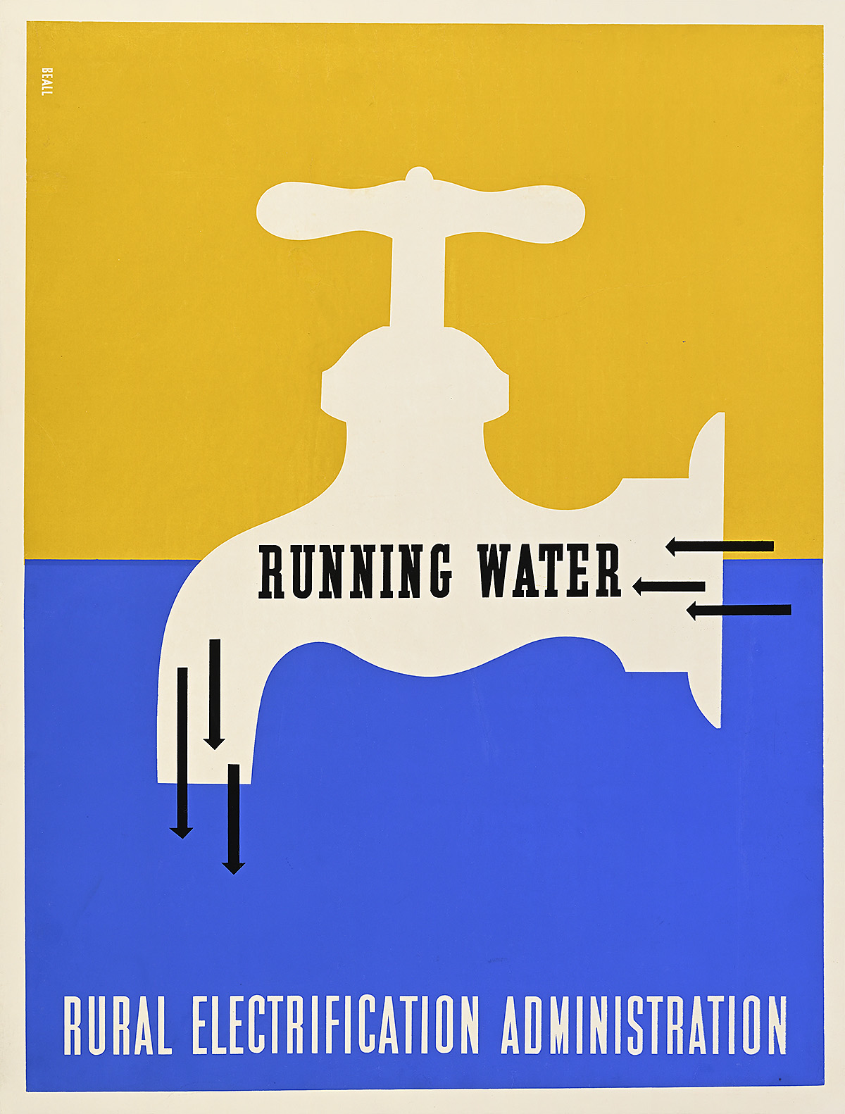 A poster of a water faucet on a blue-and-yellow ground.