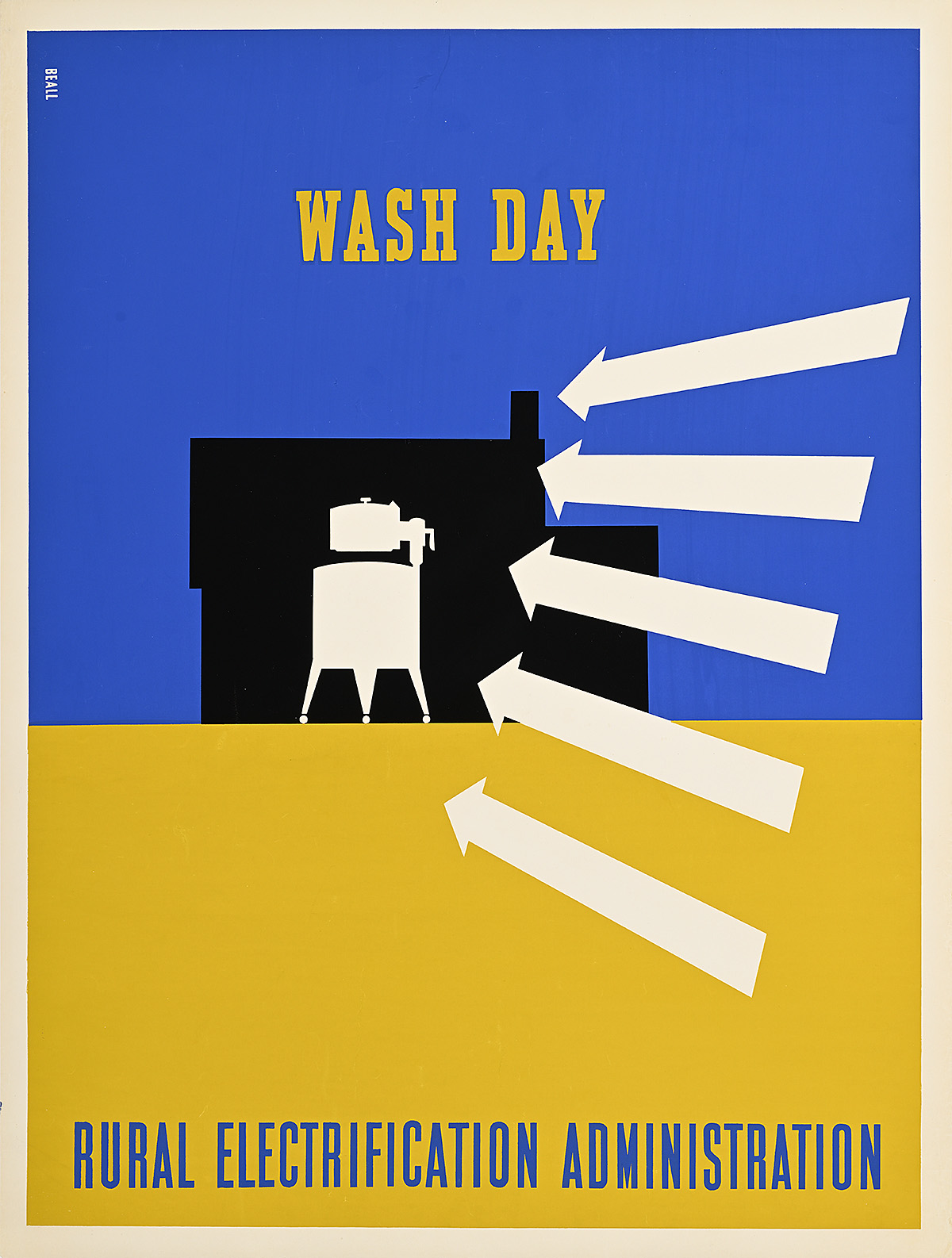 A poster of 5 white arrows pointing to a washing machine on a blue-and-yellow ground.