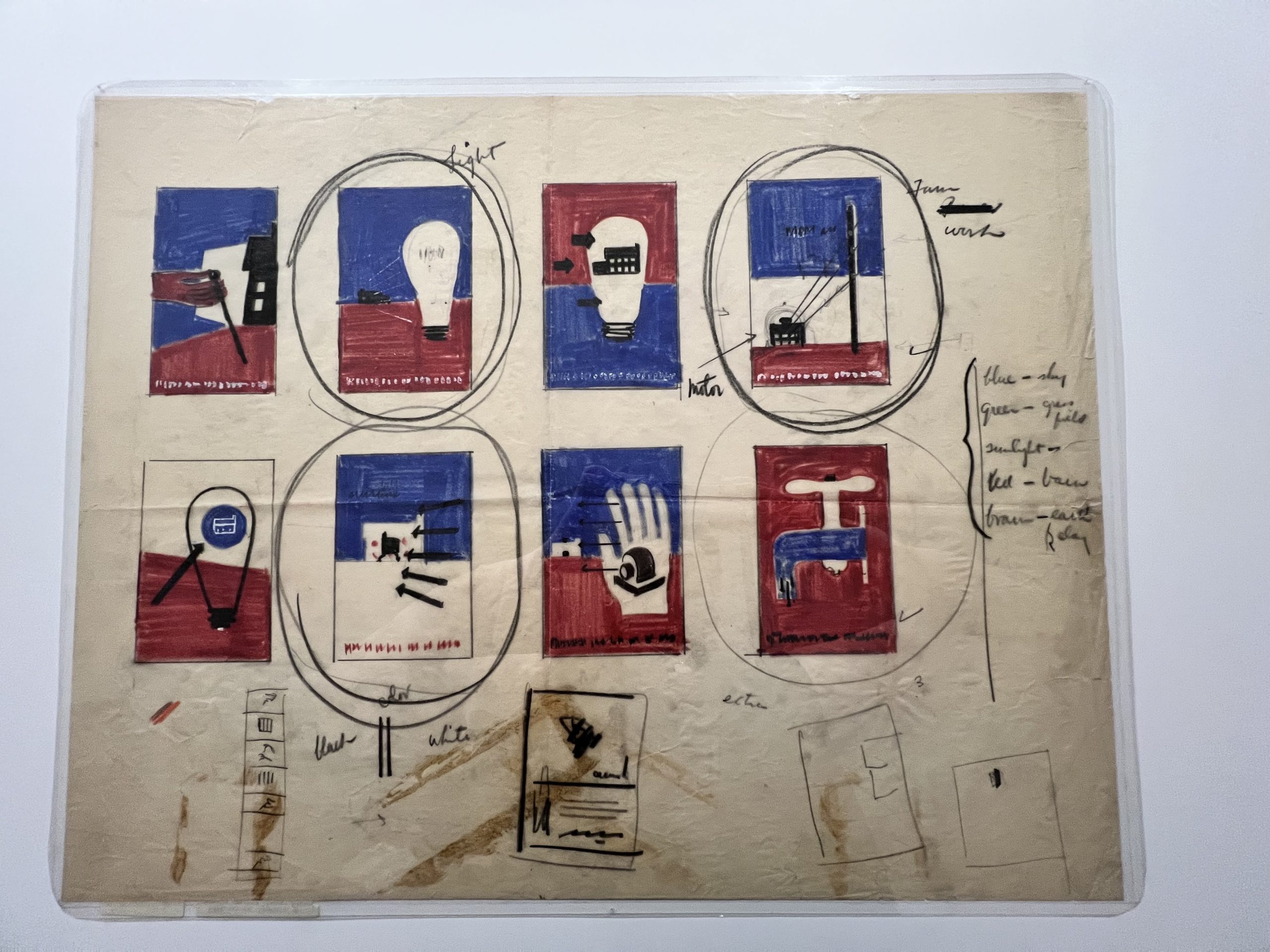 8 sketches on one sheet covered in notes for red-and-blue posters about electrification, including a light bulb and a faucet.