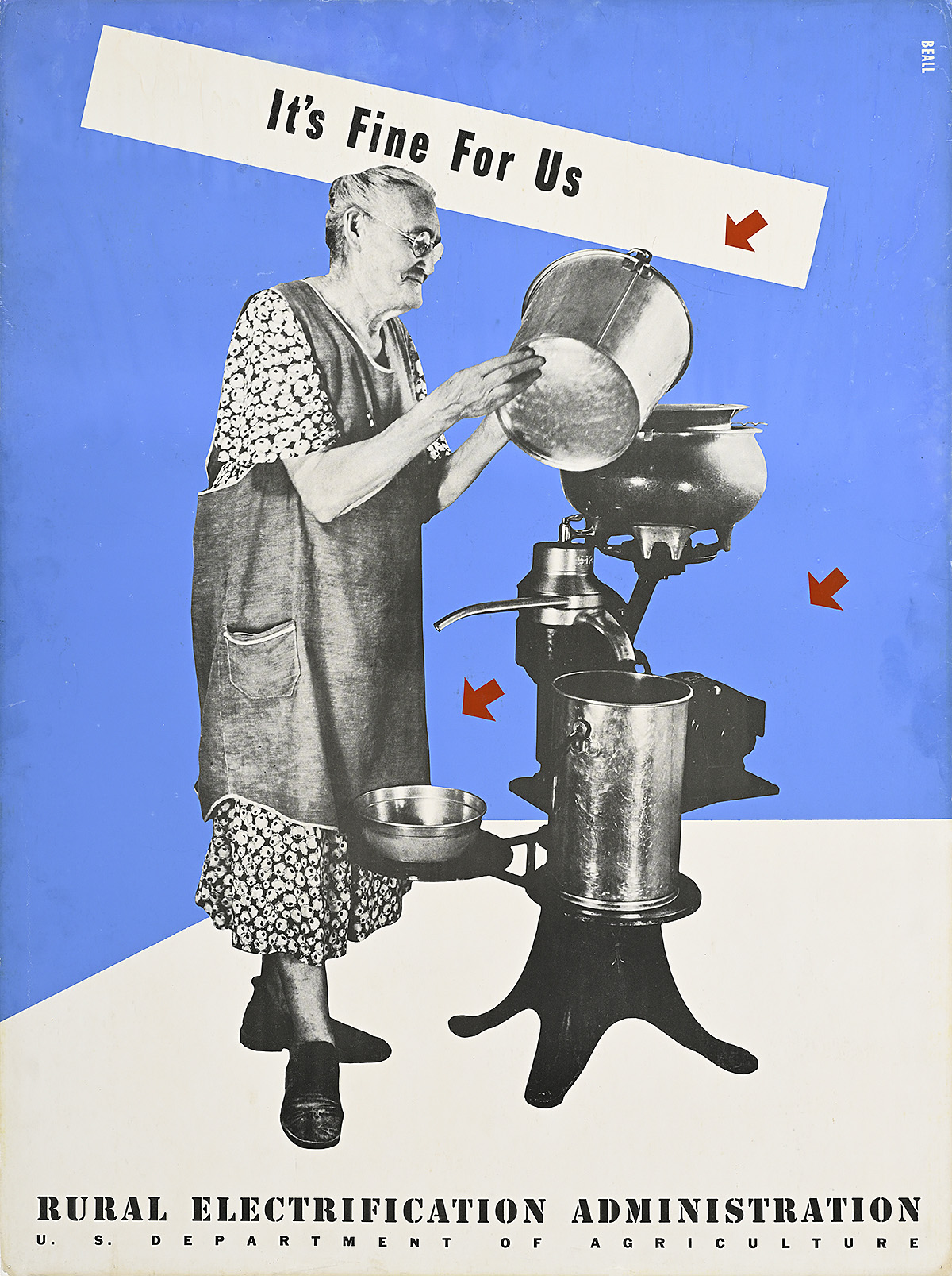 A poster of an older white woman in an apron pouring liquid into an electric milk separator on a blue-and-white background.