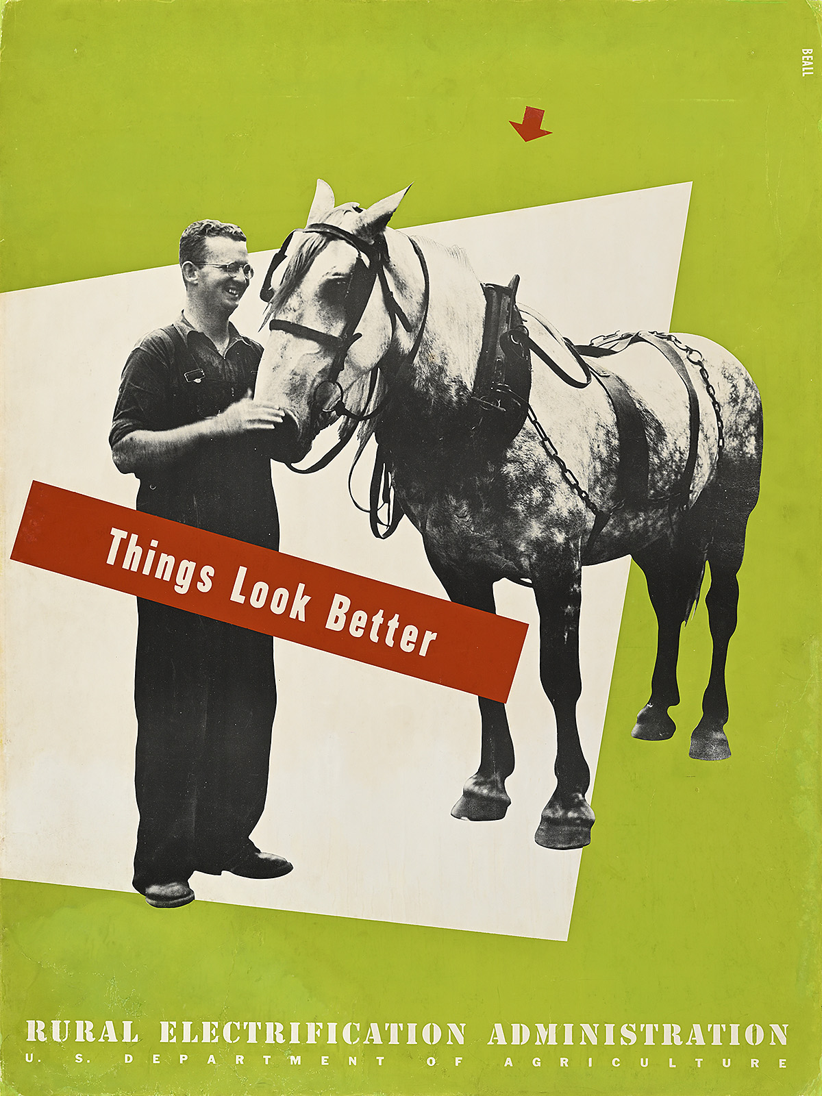 A poster of a smiling white man standing with a horse against a geometric white-and-yellow ground.