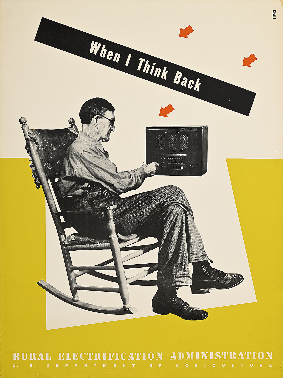 A poster of a white man in a rocking chair using a radio against a white-and-yellow geometric ground with red arrows.