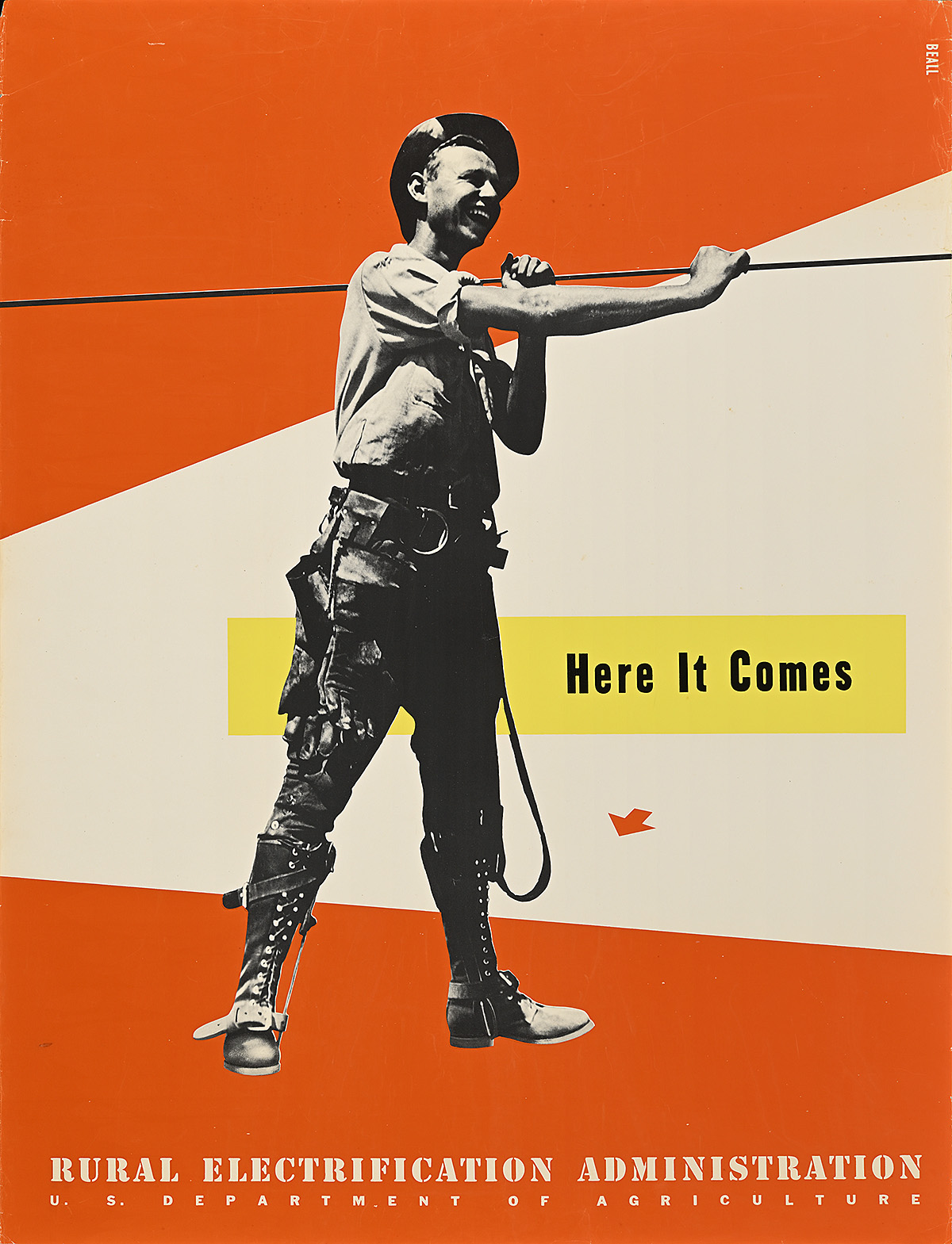 A poster of a smiling, white male worker holding a power line against a geometric red-and-white ground.