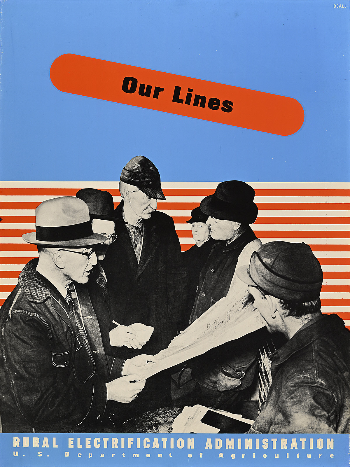 A poster of 4 white men and 1 woman in coats looking at a map against a striped and solid ground.