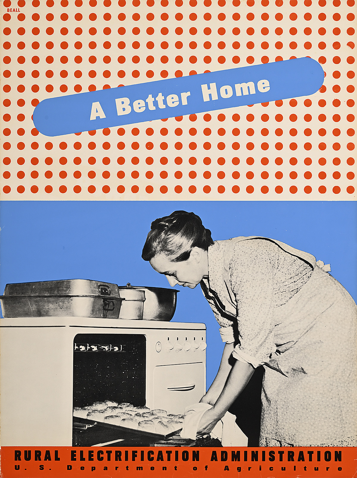 A poster of a white woman removing bread from an oven on a ground divided between solid blue and red polka dots.