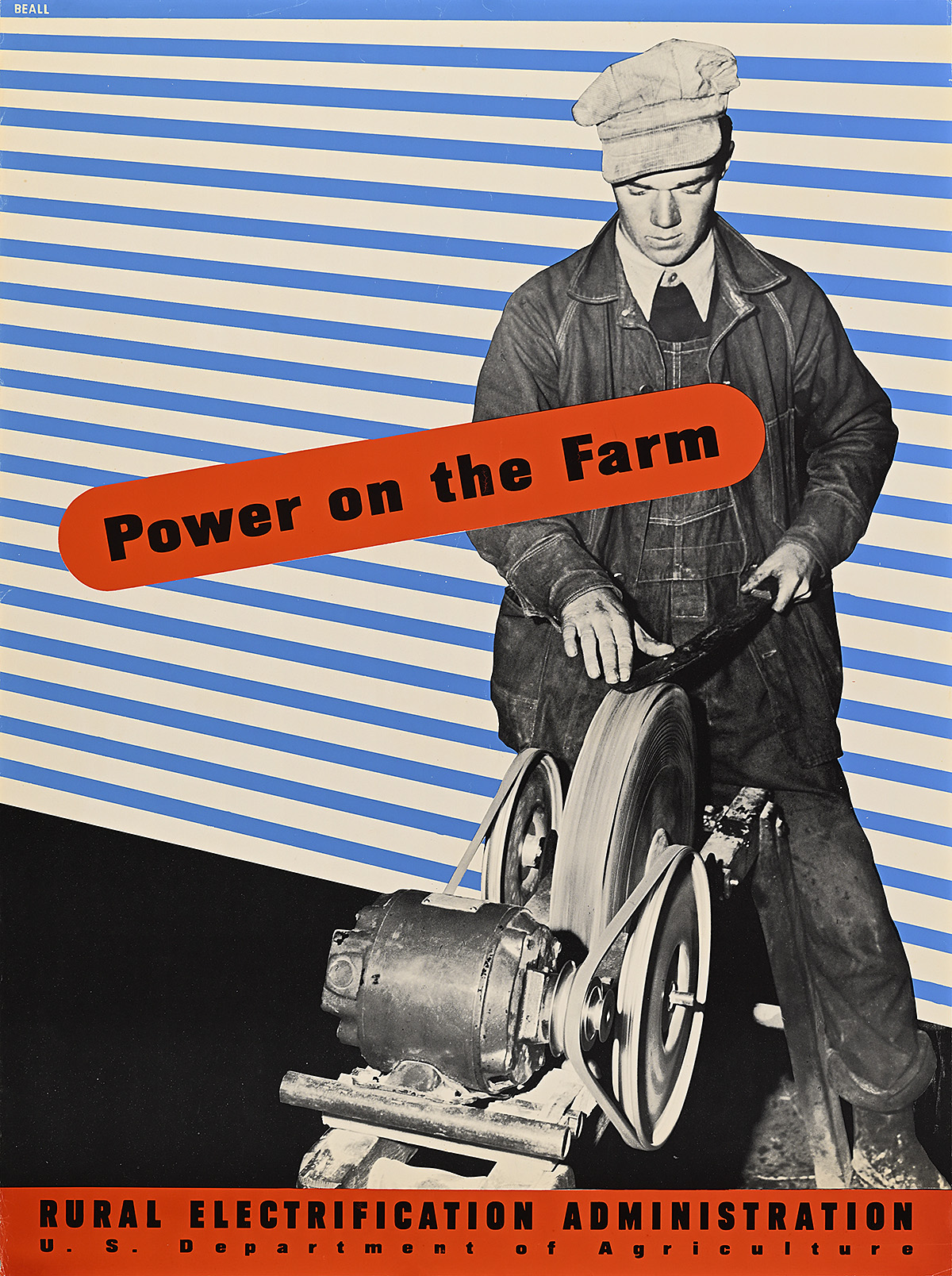 A poster of a white farmer sharpening a tool on an electric grinding machine on a blue-and-white striped ground.