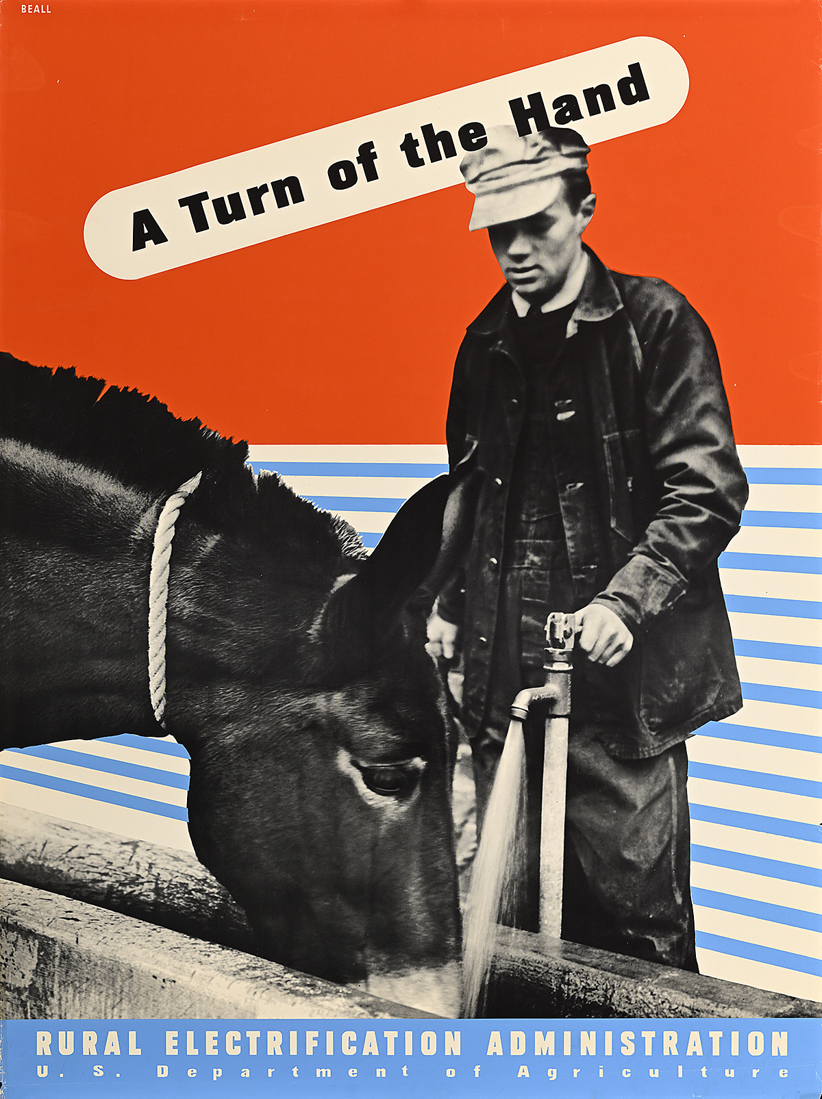 A poster of a white farmer turning on a water faucet for a donkey on a red ground with blue-and-white stripes.