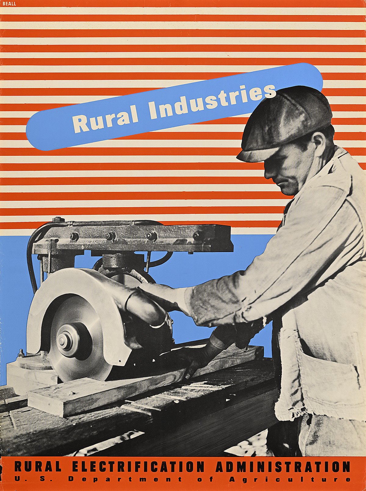 A poster of a man cutting a board with a power saw on a red-and-white striped ground.