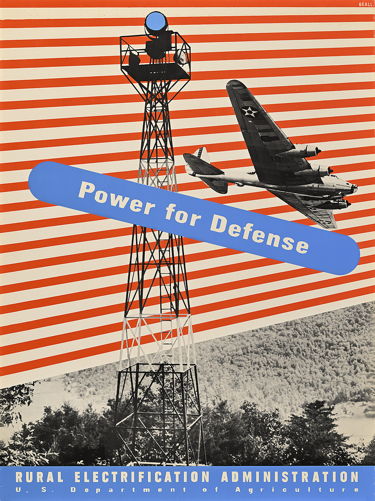 A poster of a military plane next to an electricity pylon on a red-and-white striped ground.