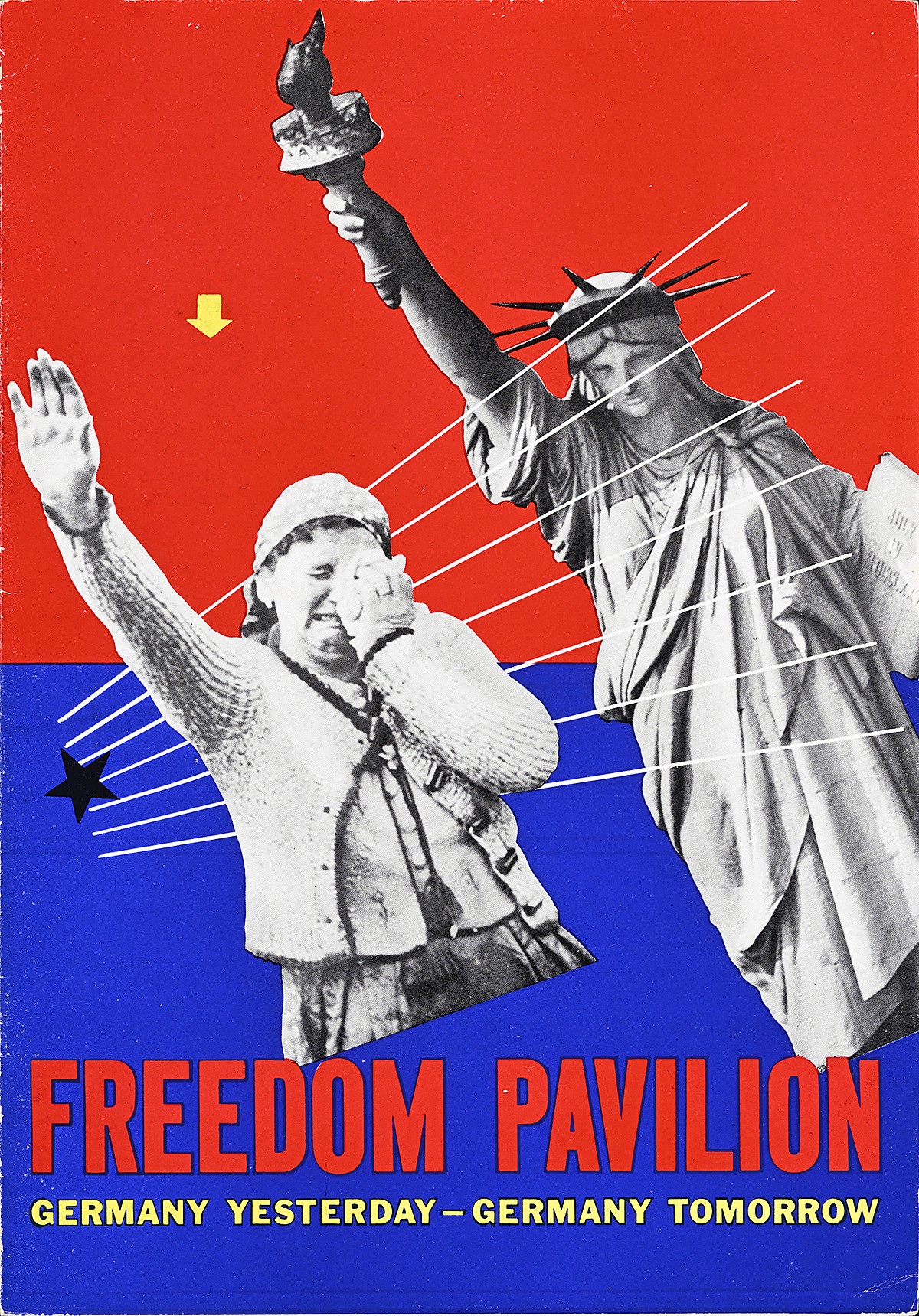 A brochure of a weeping woman raising her right arm in the Nazi salute, echoing the pose of the Statue of Liberty with her raised torch.