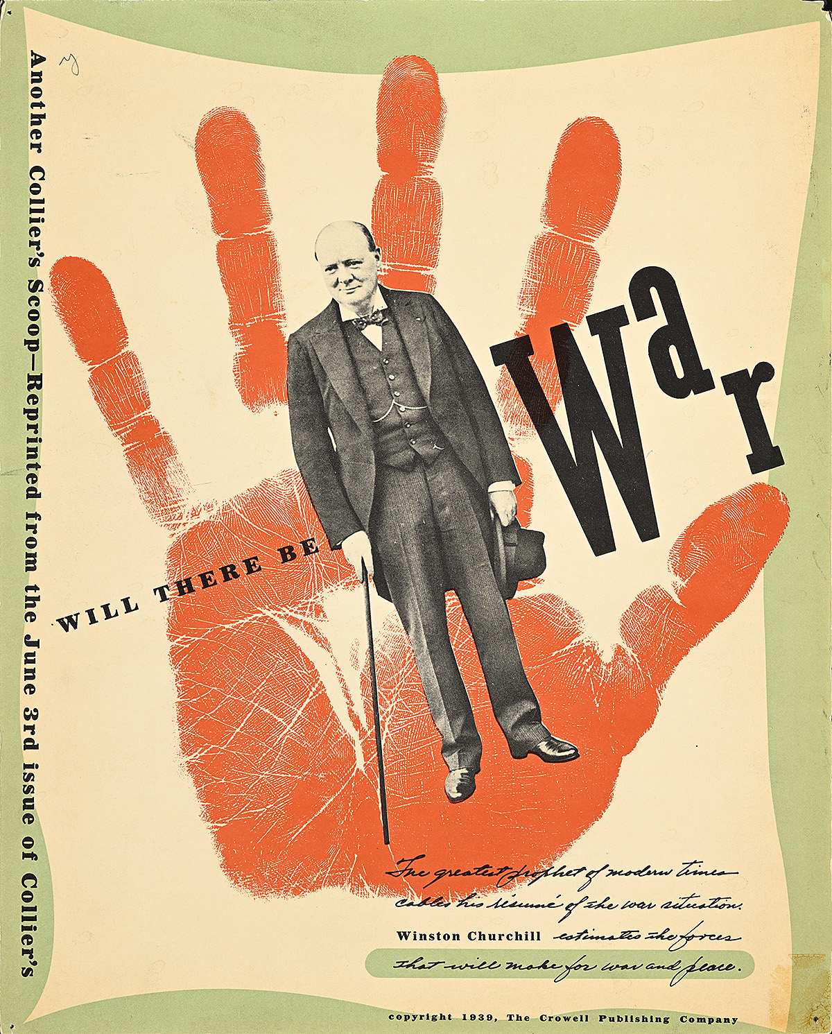 A magazine layout of Winston Churchill in a suit standing in front of a blood-red handprint.