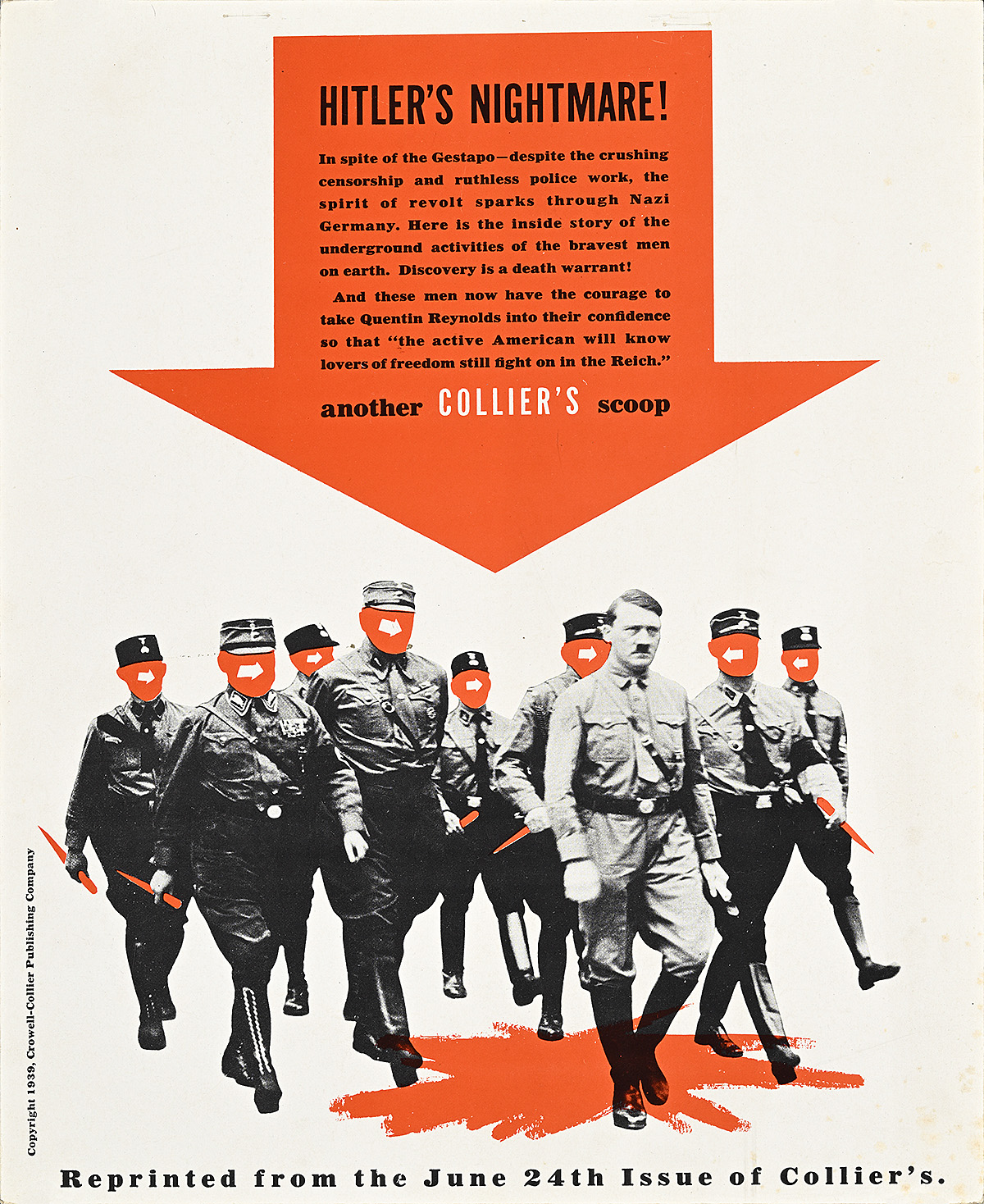 A cover of a red arrow with text pointing down at Adolf Hitler leading soldiers across a pool of blood.