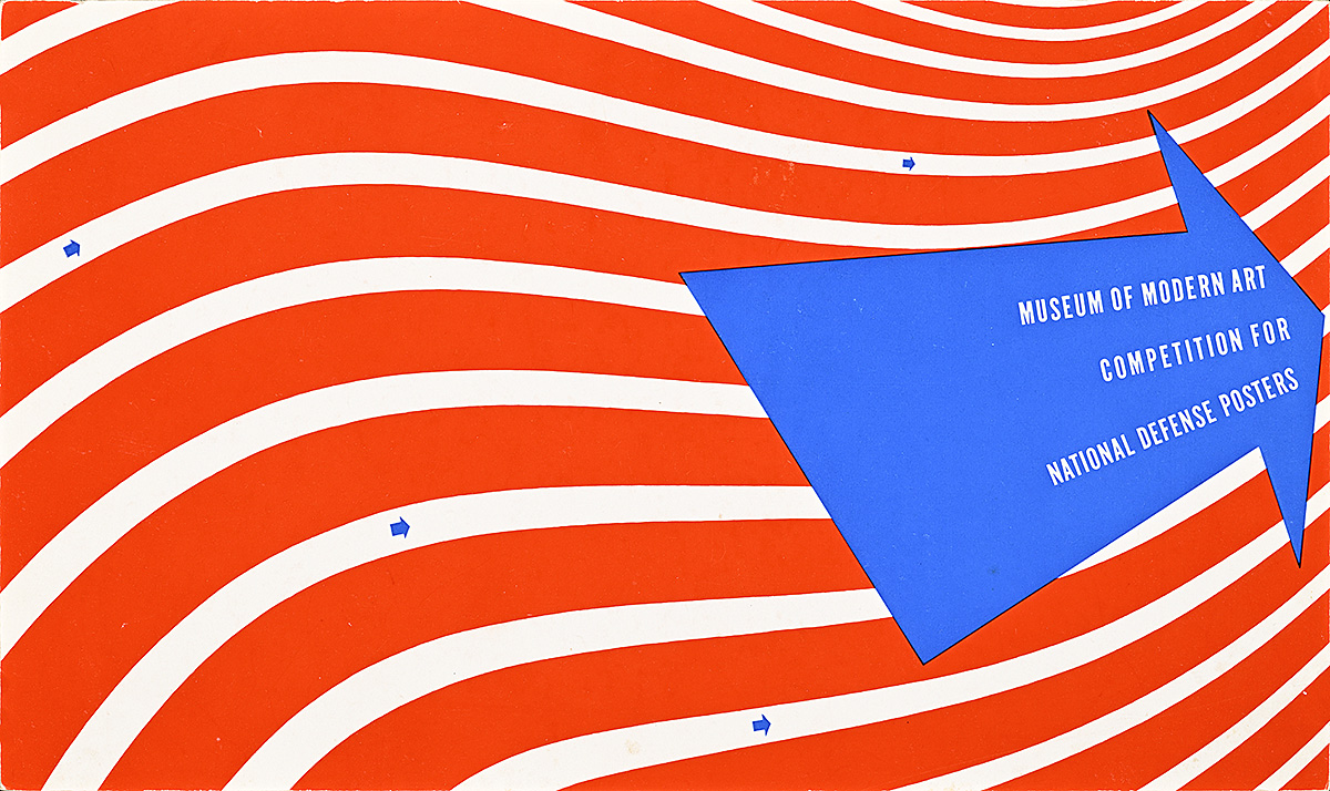 A pamphlet of white text on a blue arrow on a ground of swirling red-and-white stripes.