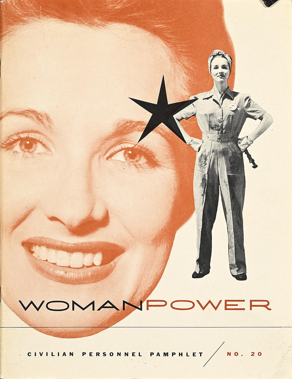 A booklet of a uniformed white woman, hands on hips, in front of the huge smiling face of another white woman.