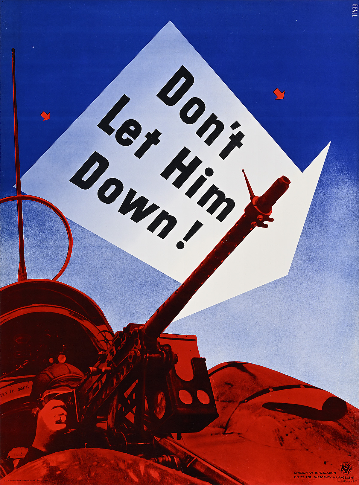 A poster of a fighter pilot manning an anti-aircraft gun in red below text in a white arrow in the blue sky.