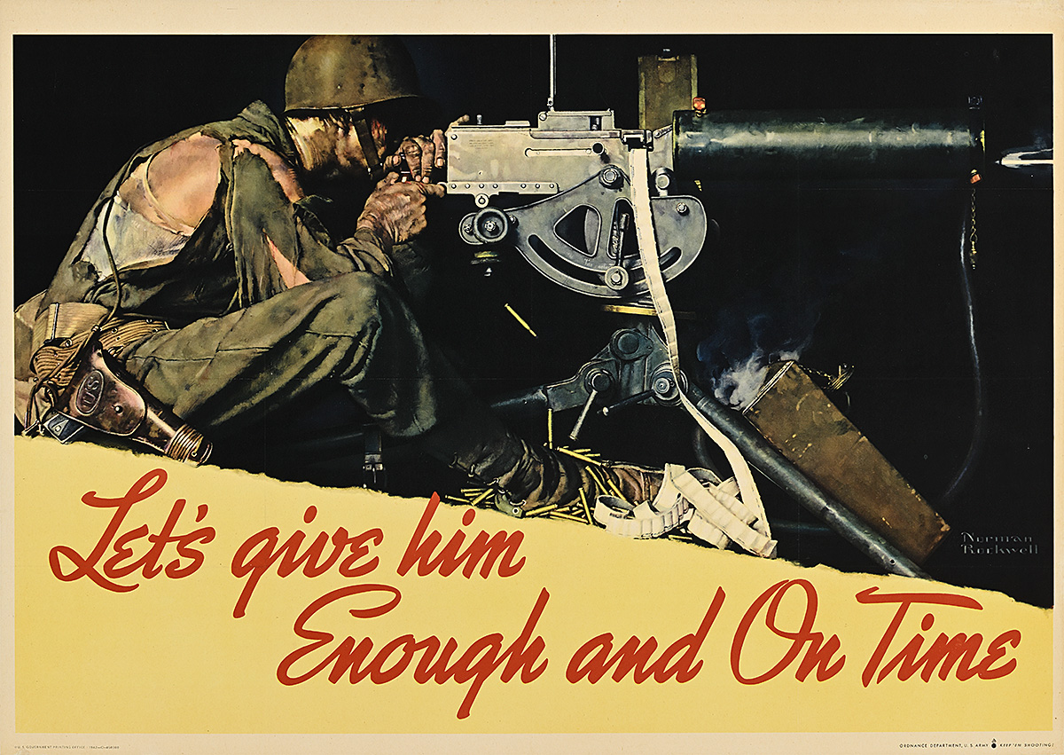 A poster of a solider in a ragged uniform manning a machine gun in the darkness.